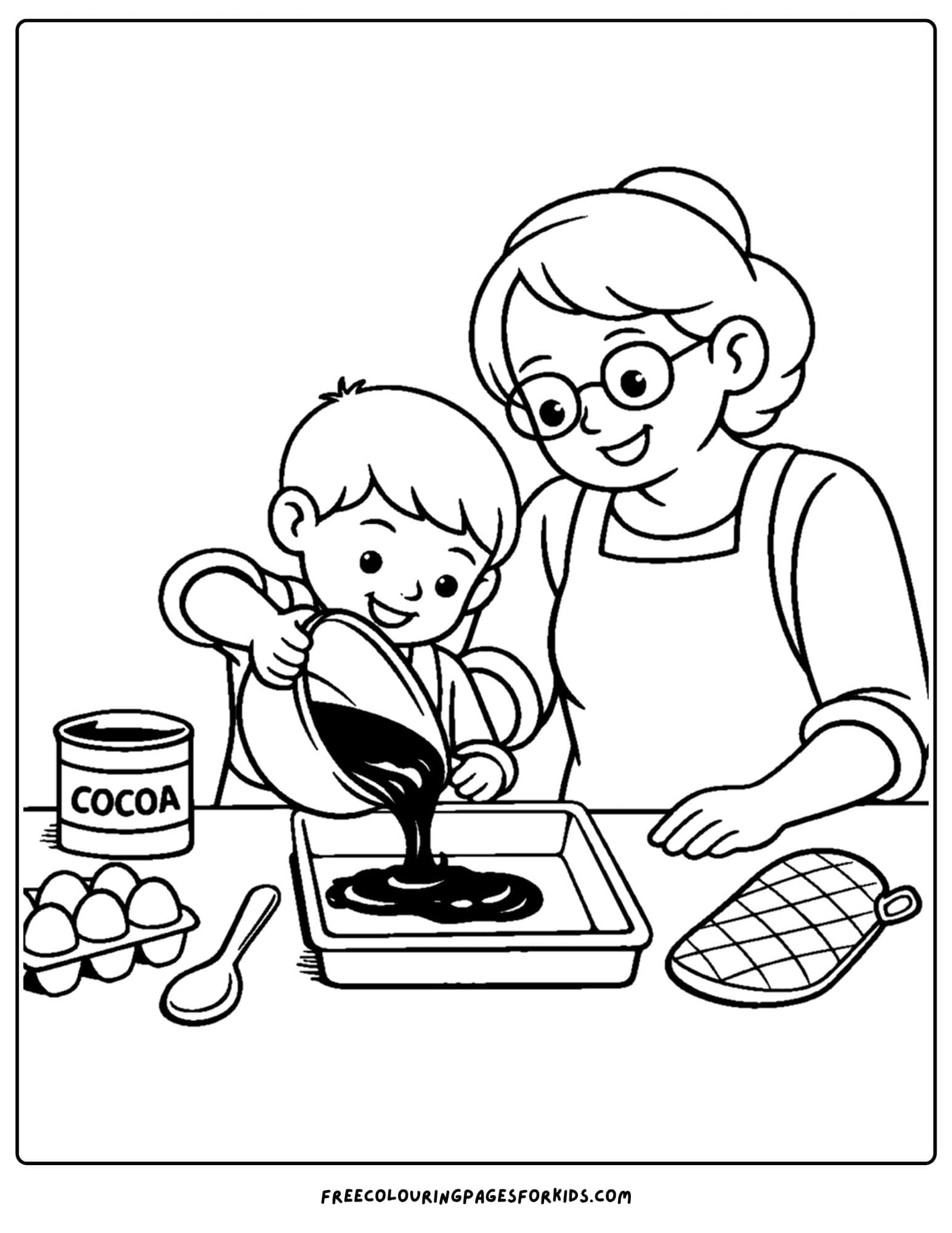 a baking coloring page showing a child and mother pouring brownie batter into a tray