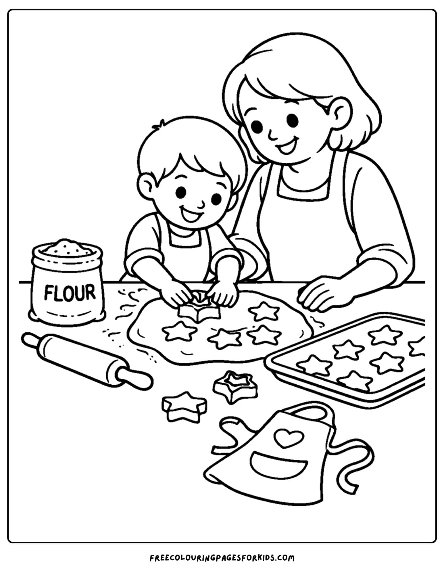 a baking coloring page showing a child and mother cutting out cookie shapes
