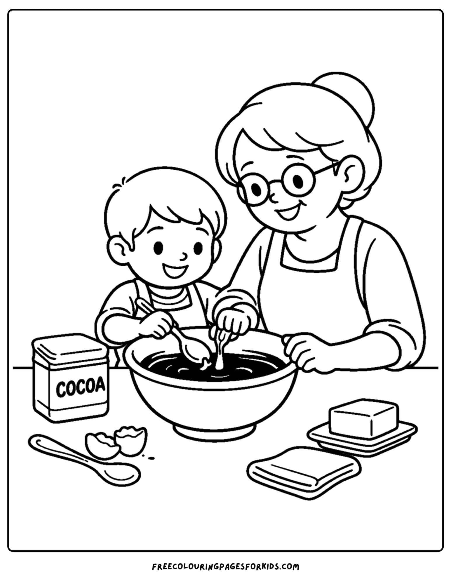 a baking coloring page showing a child and mother making a chocolate cake
