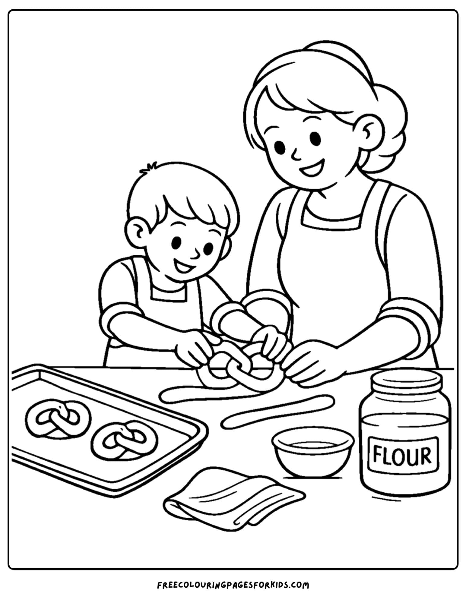 a baking coloring page showing a child and mother making pretzels
