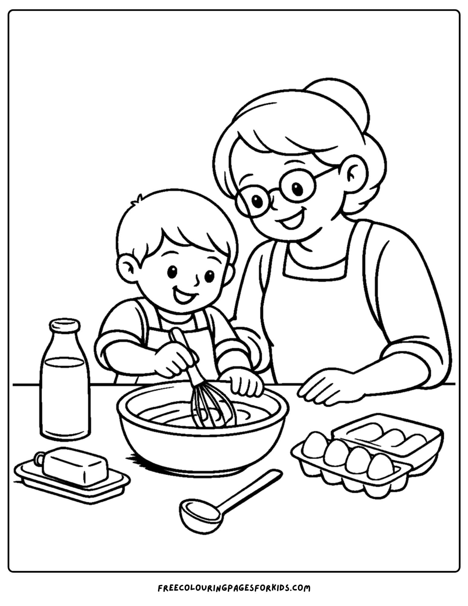 a baking coloring page showing a grandmother and child baking together