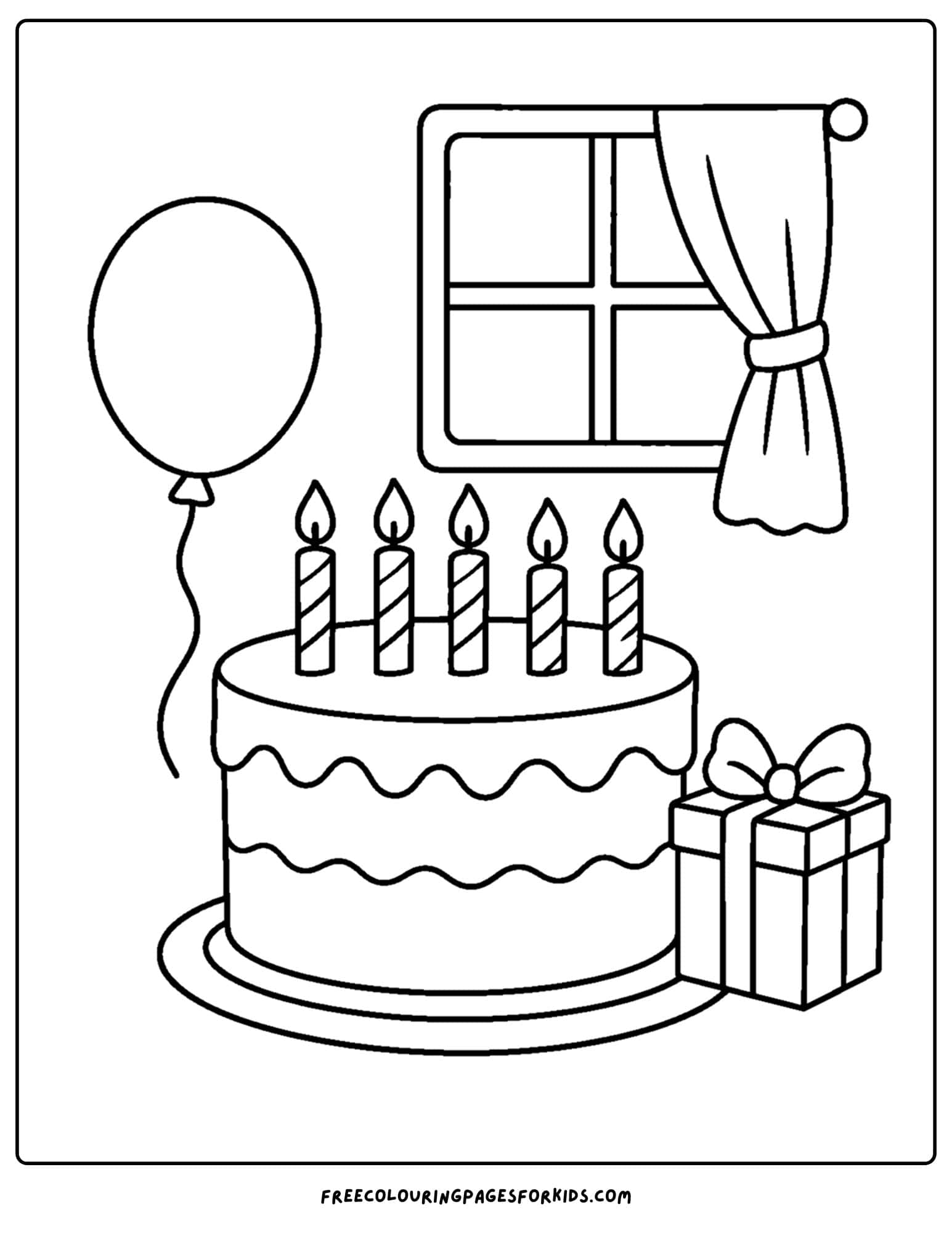 a birthday cake coloring page by a window