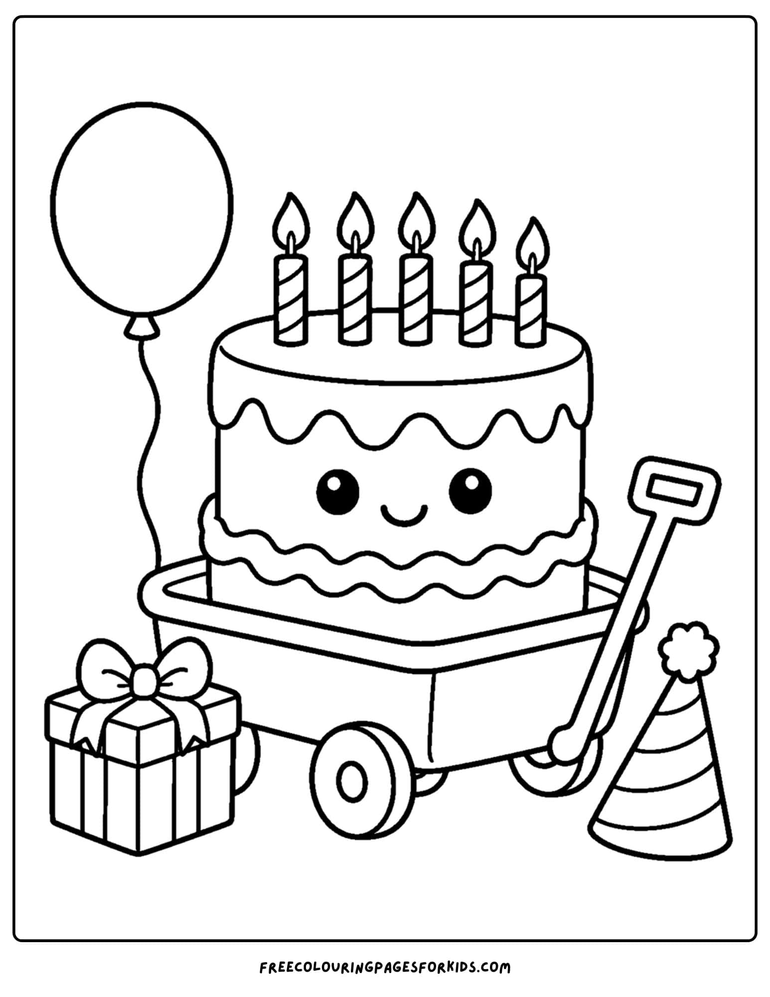 a birthday cake coloring page with a cake in a wagon