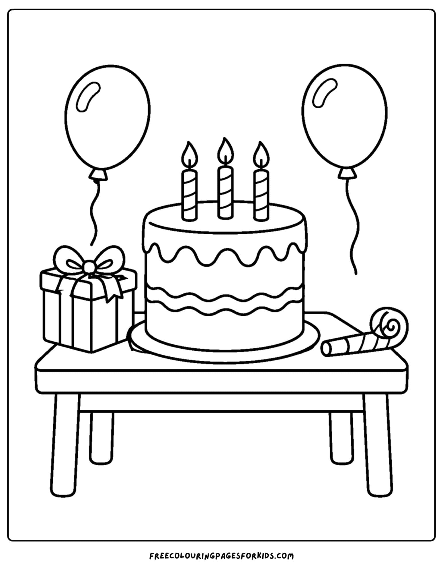 a birthday cake coloring page with the cake on the table