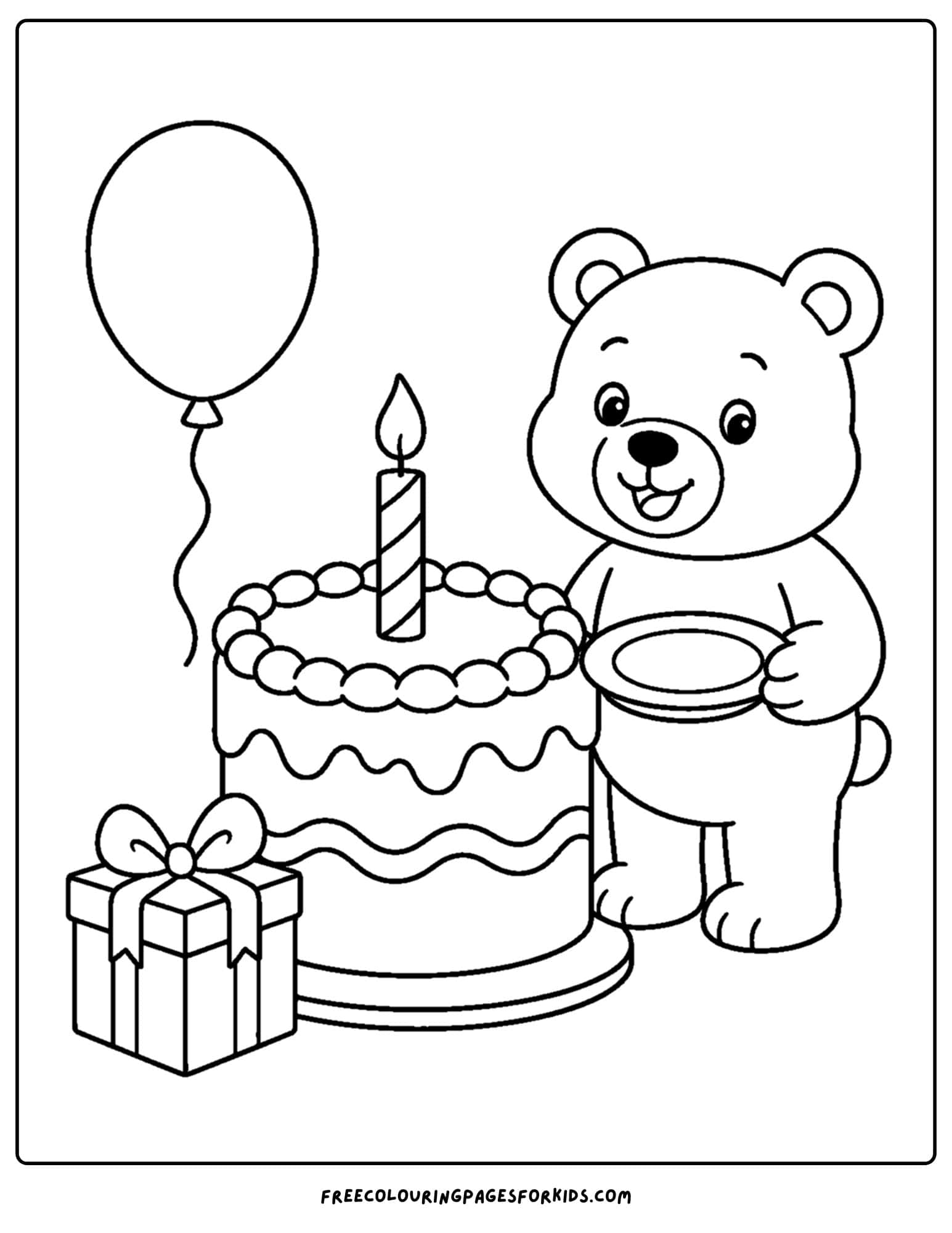 a birthday cake coloring page with a bear and balloon