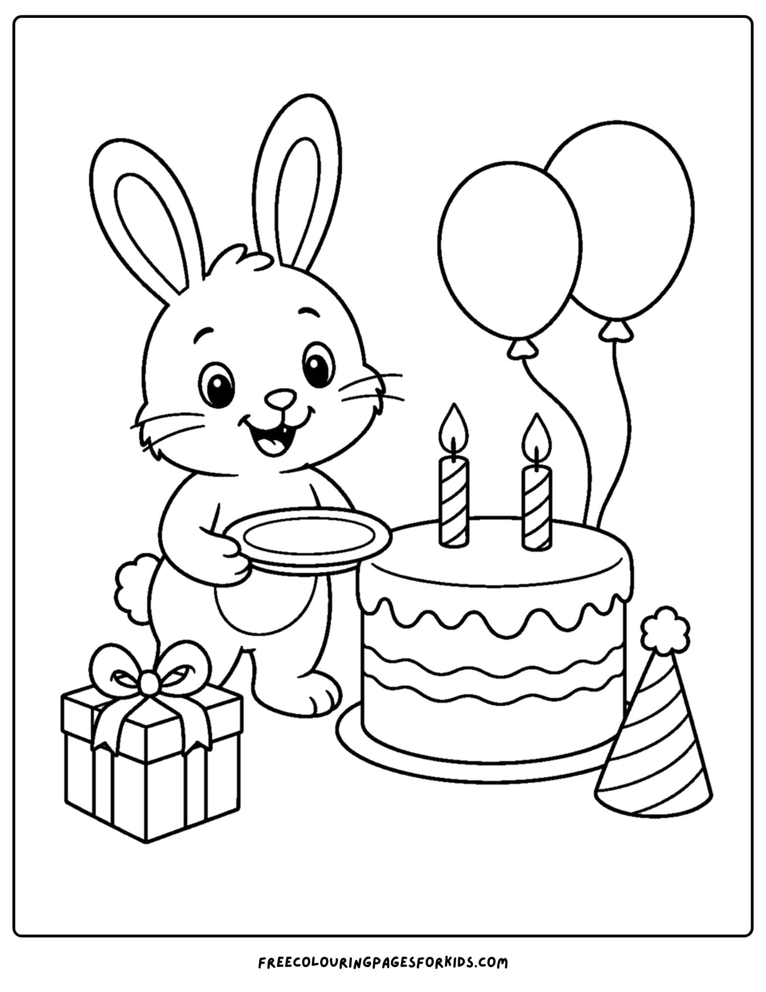 a birthday cake coloring page with a bunny rabbit