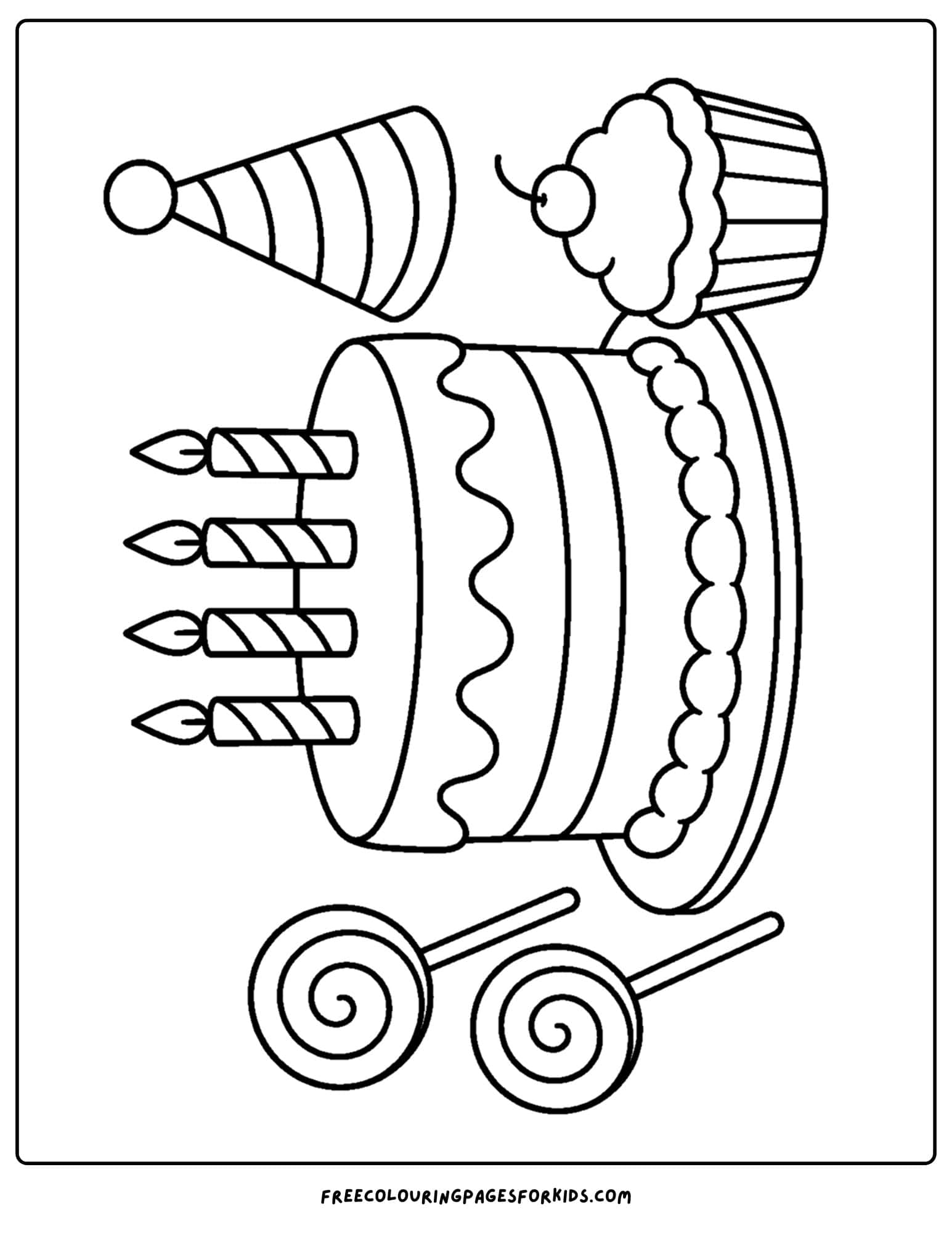 a birthday cake coloring page with lollipops