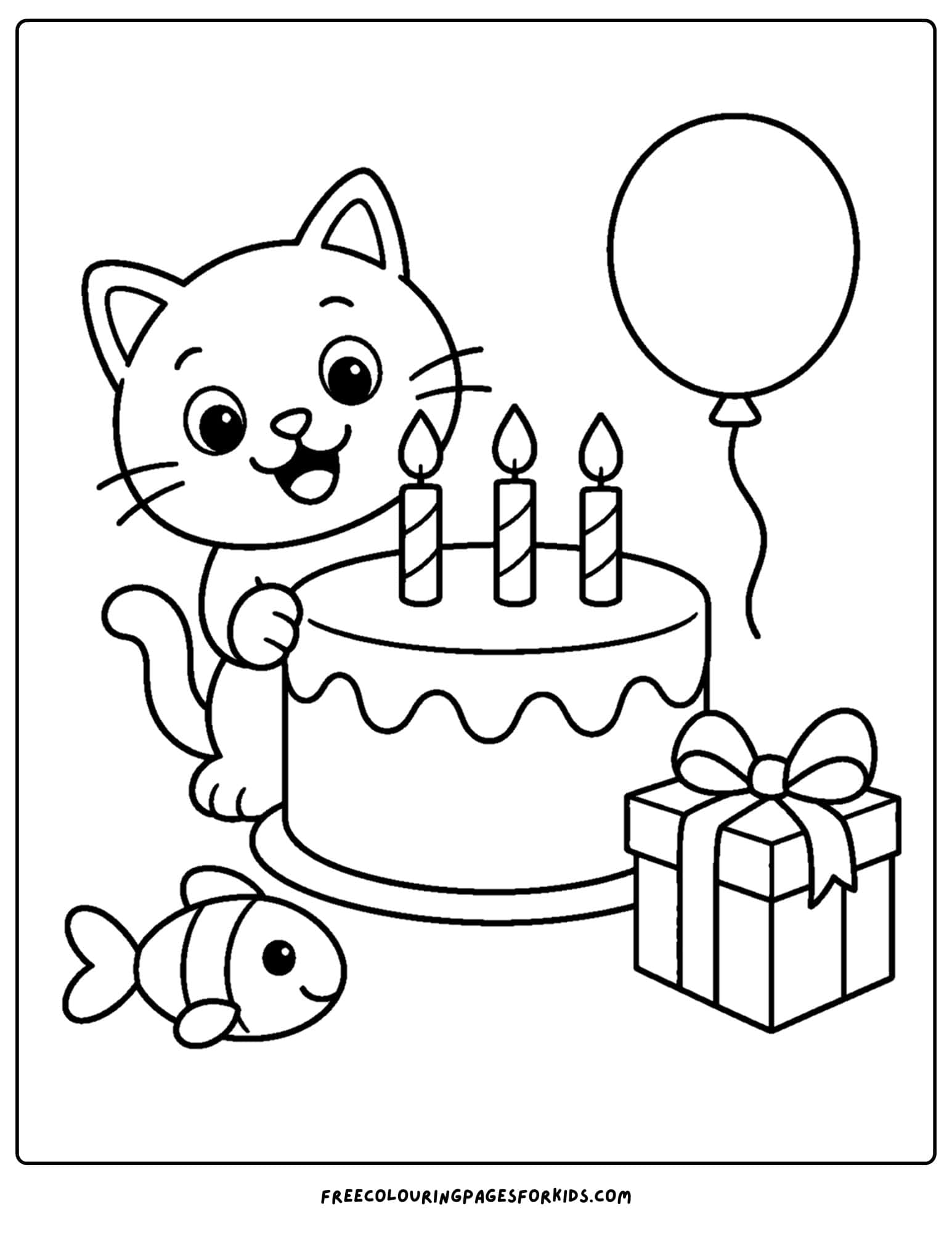 a birthday cake coloring page with a cat