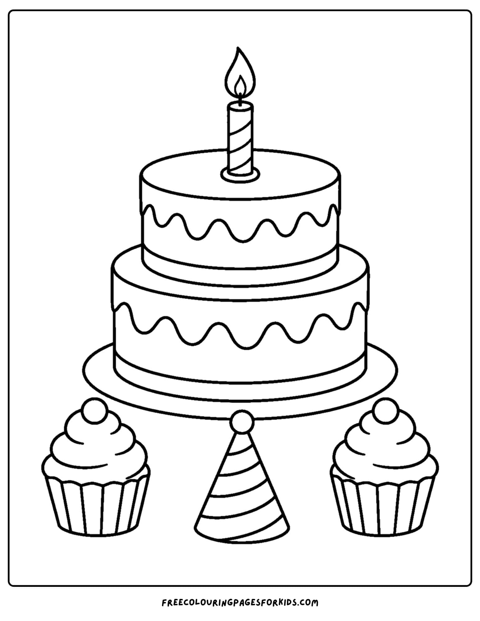 a birthday cake coloring page with cupcakes