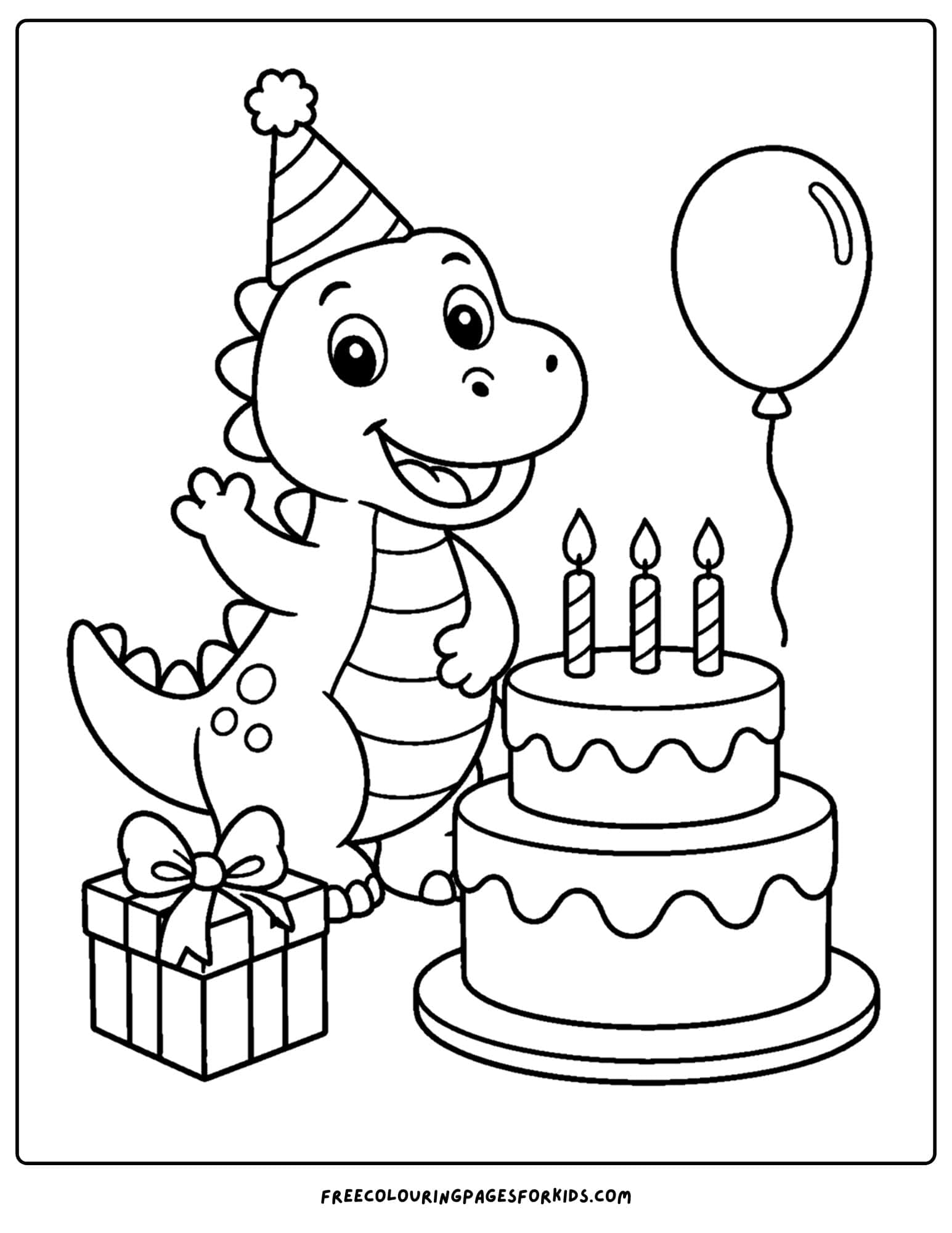a birthday cake coloring page with a dinosaur