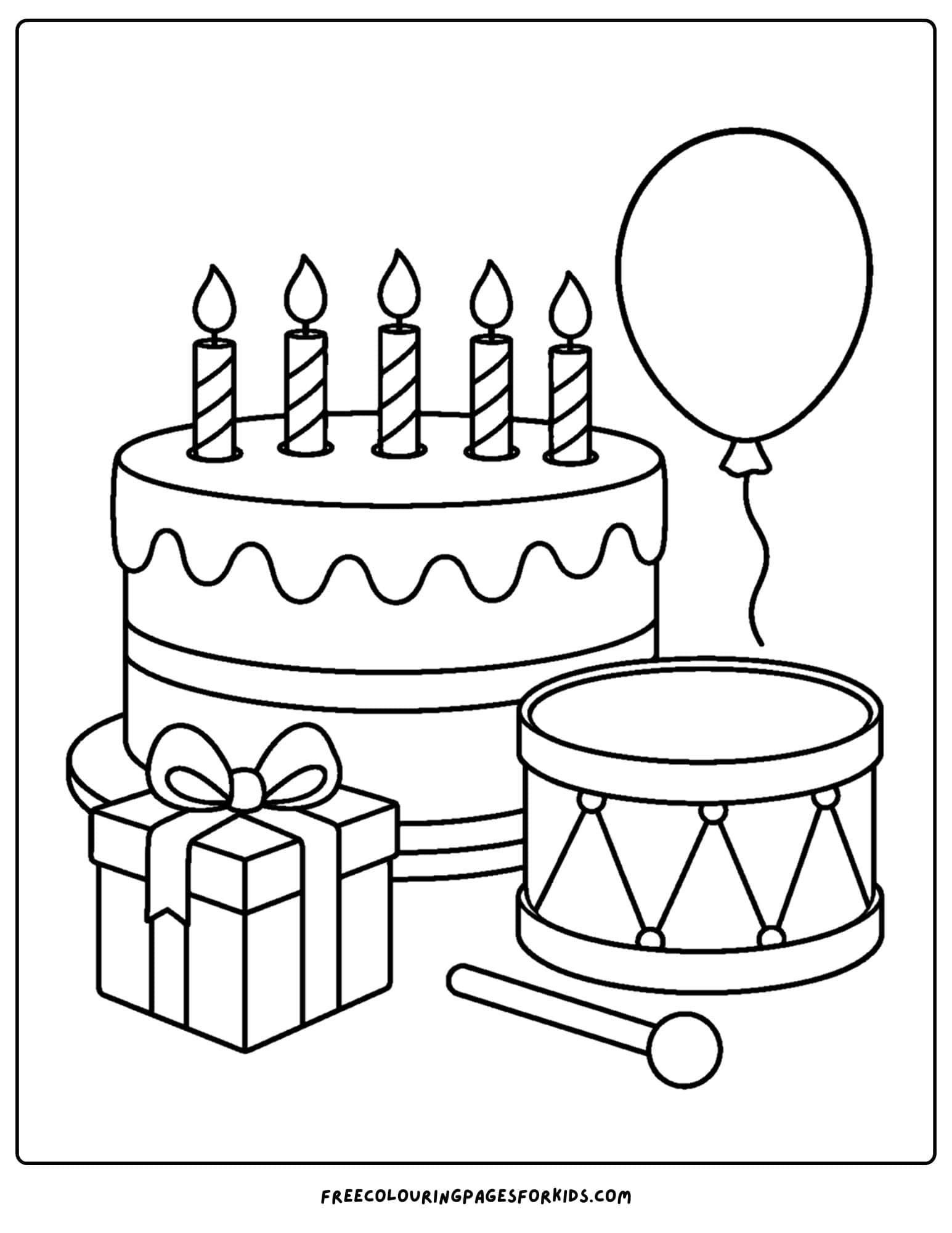 a birthday cake coloring page with a drum