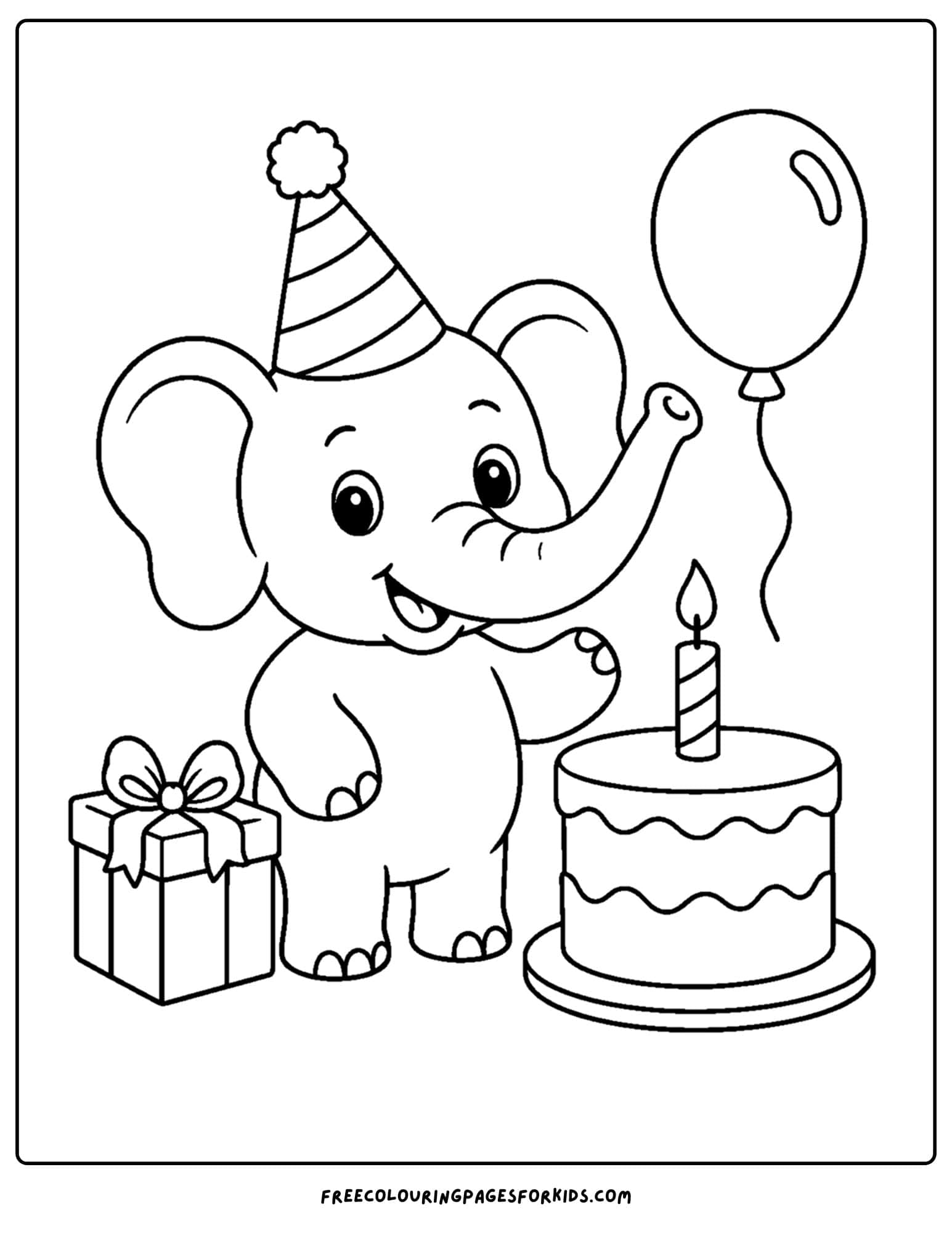 a birthday cake coloring page with an elephant and balloon