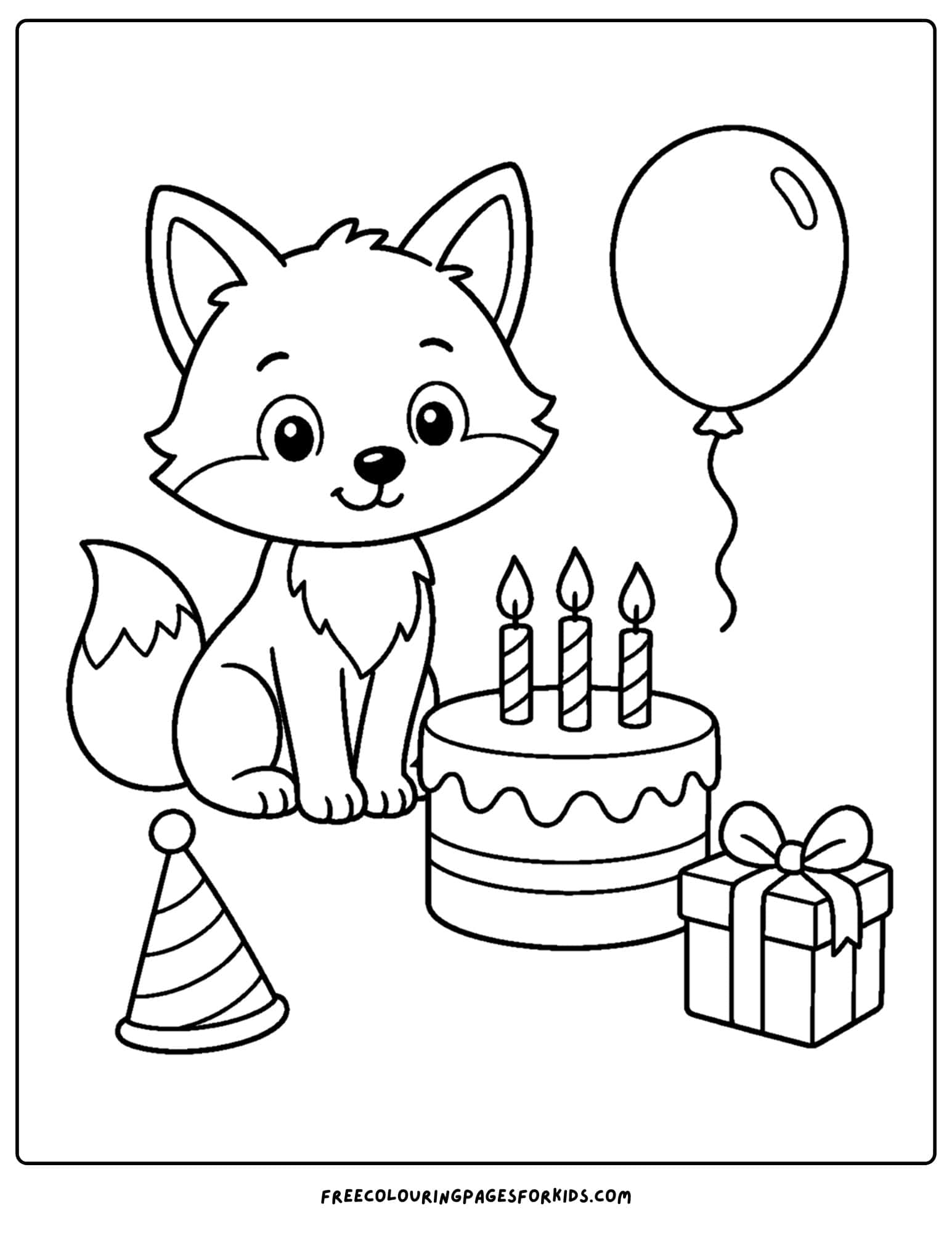 a birthday cake coloring page with a fox and present