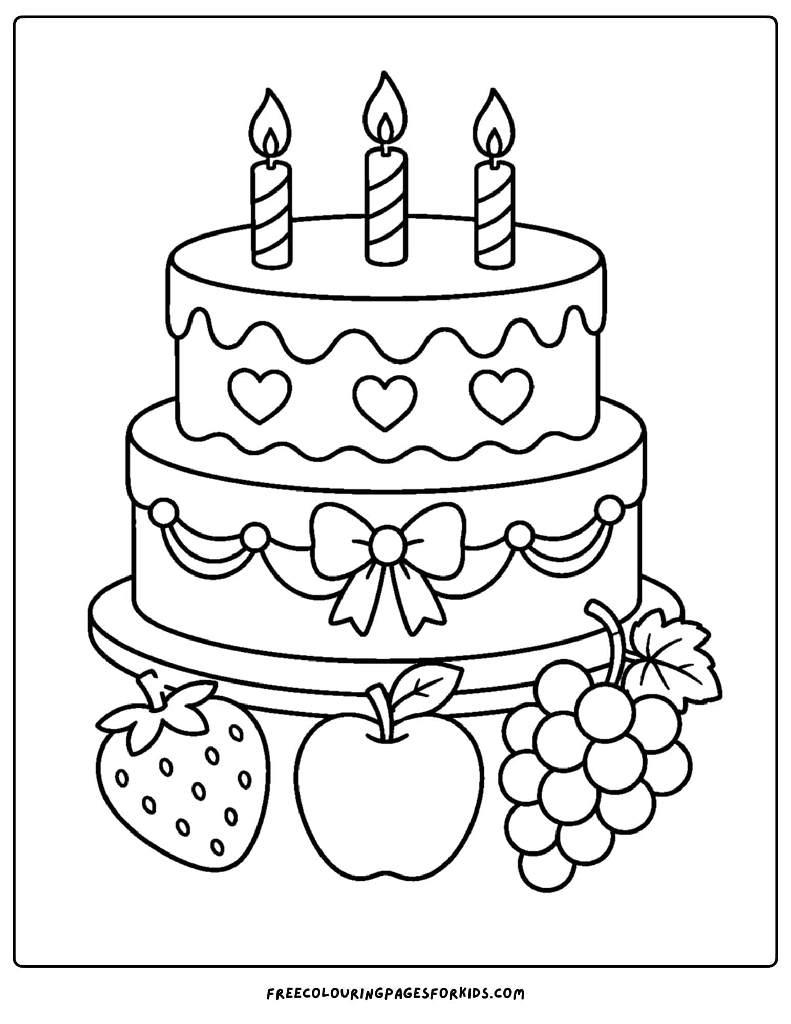 a birthday cake coloring page with some fruit