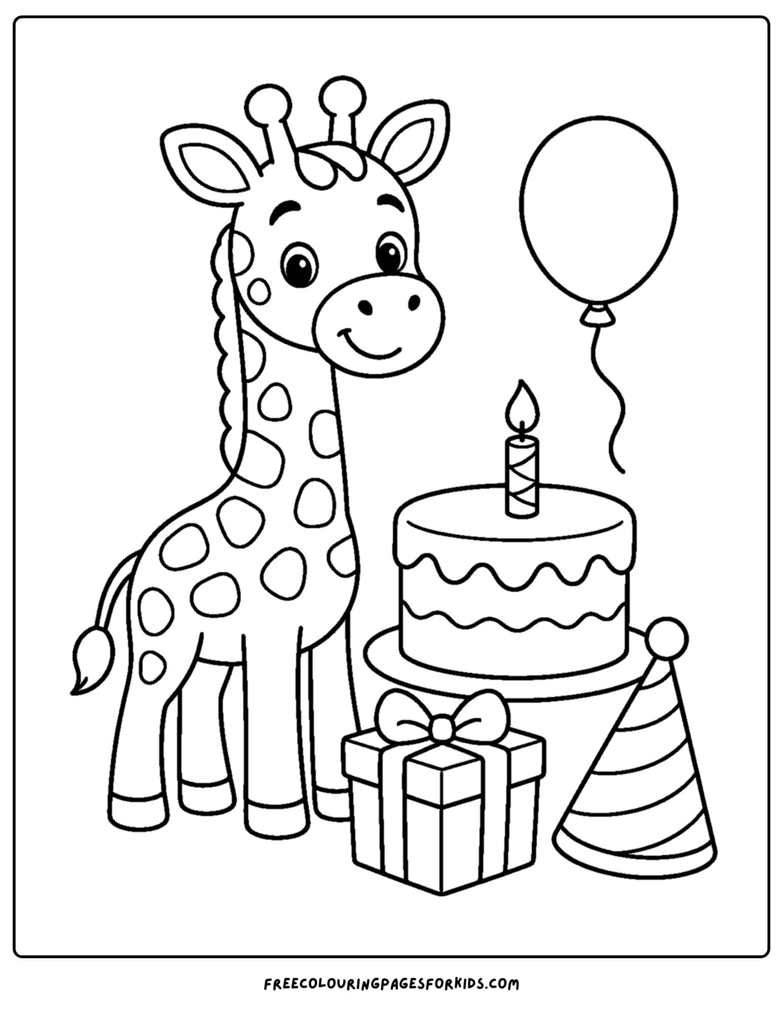a birthday cake coloring page with a giraffe and balloons