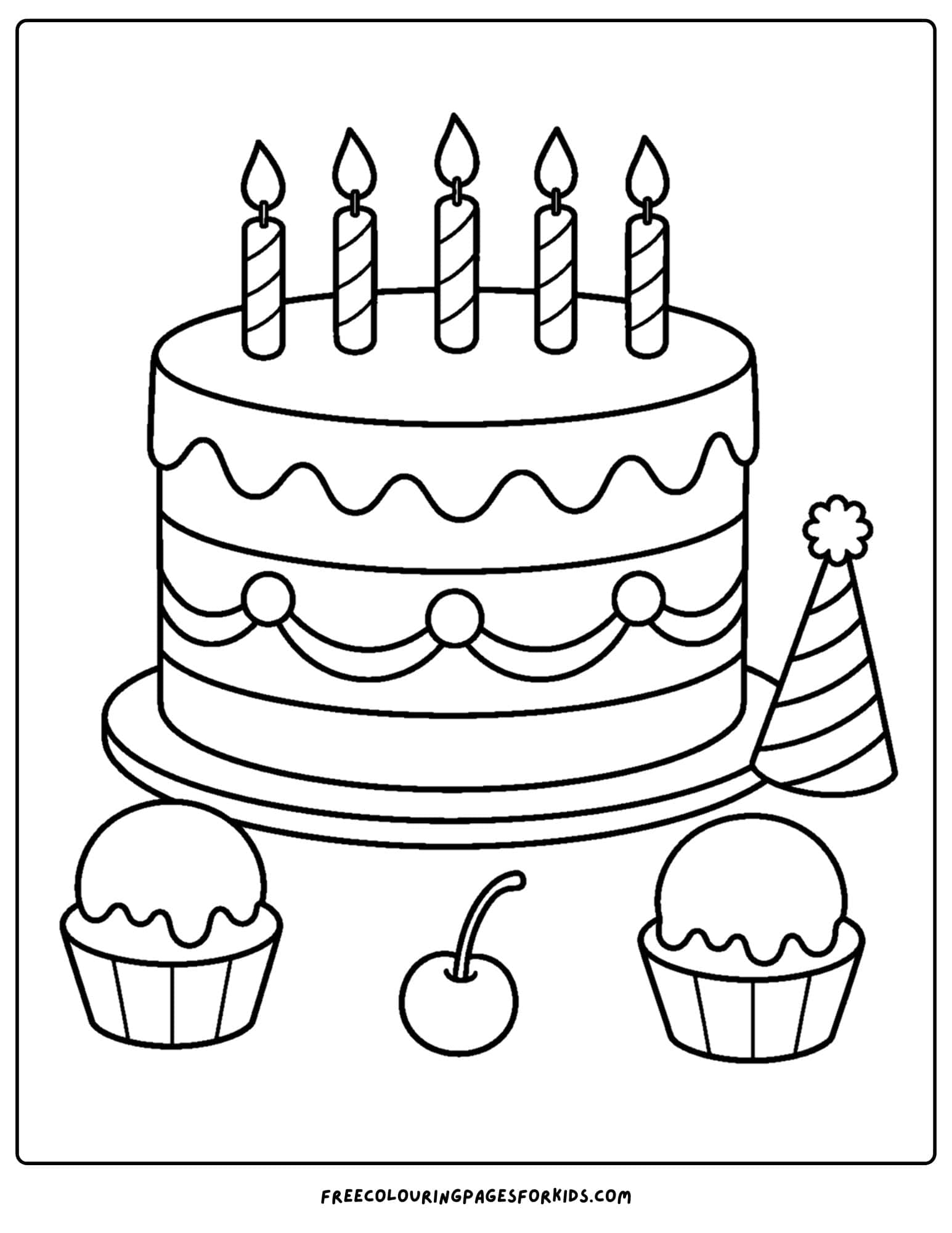 a birthday cake coloring page with a cake and ice creams