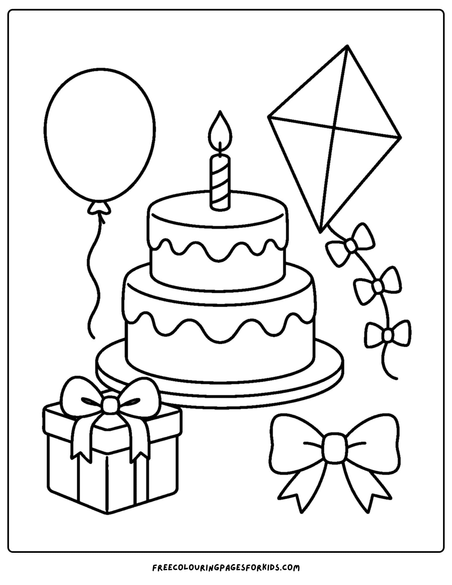 a birthday cake coloring page with some kites