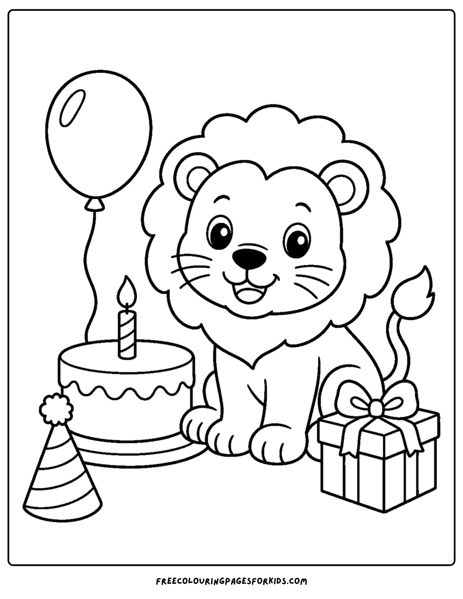 a birthday cake coloring page with a lion