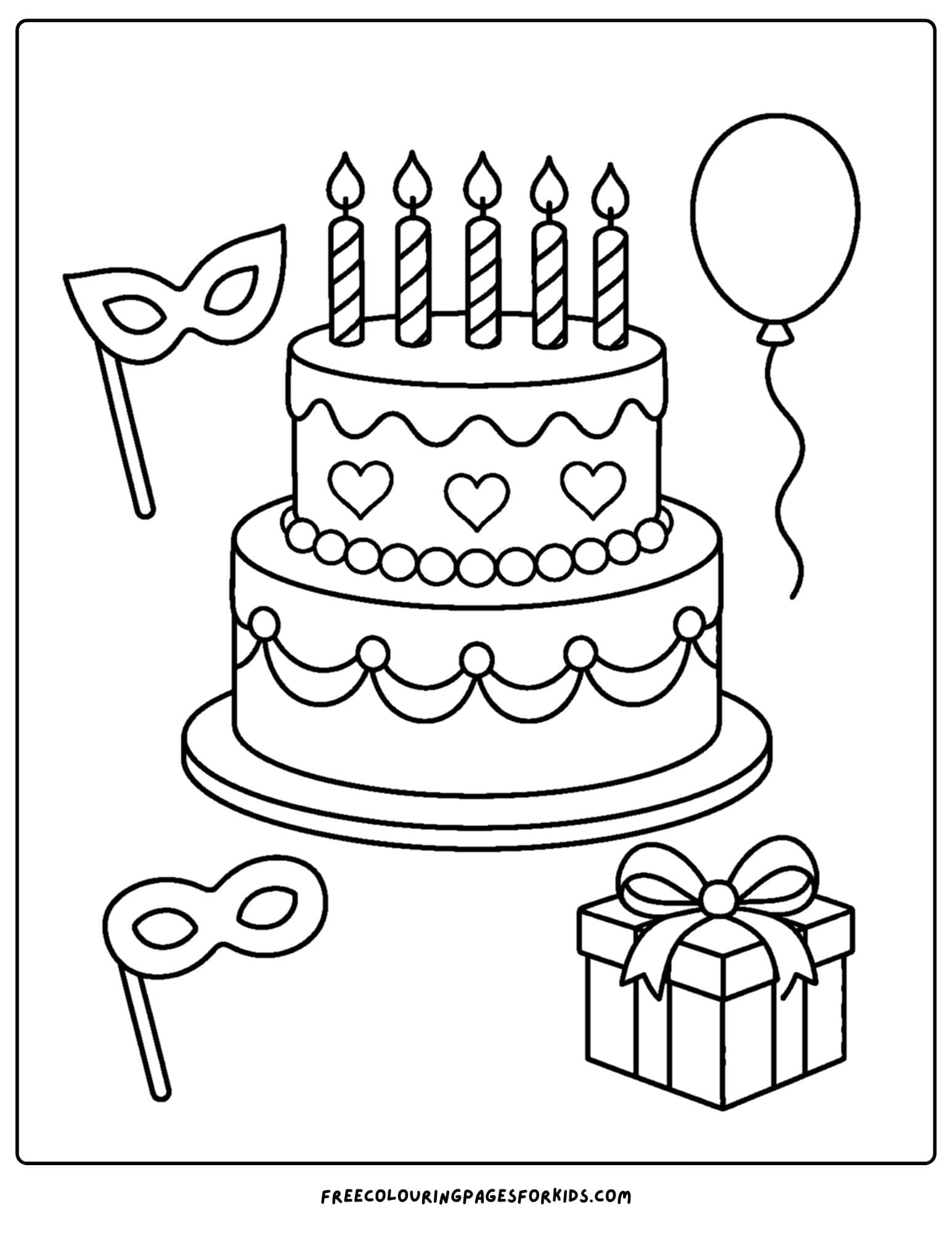 a birthday cake coloring page with party masks