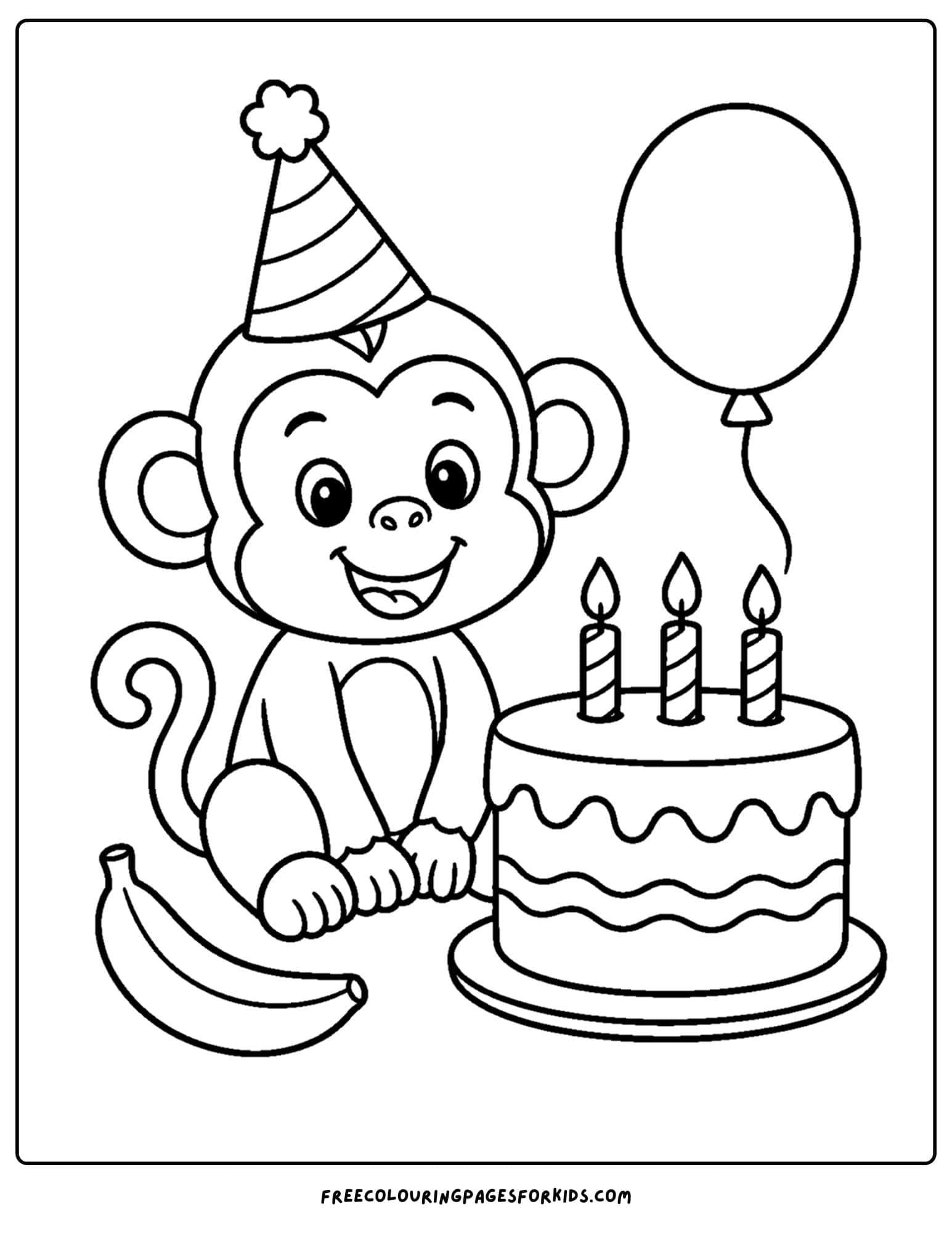 a birthday cake coloring page with a monkey and banana