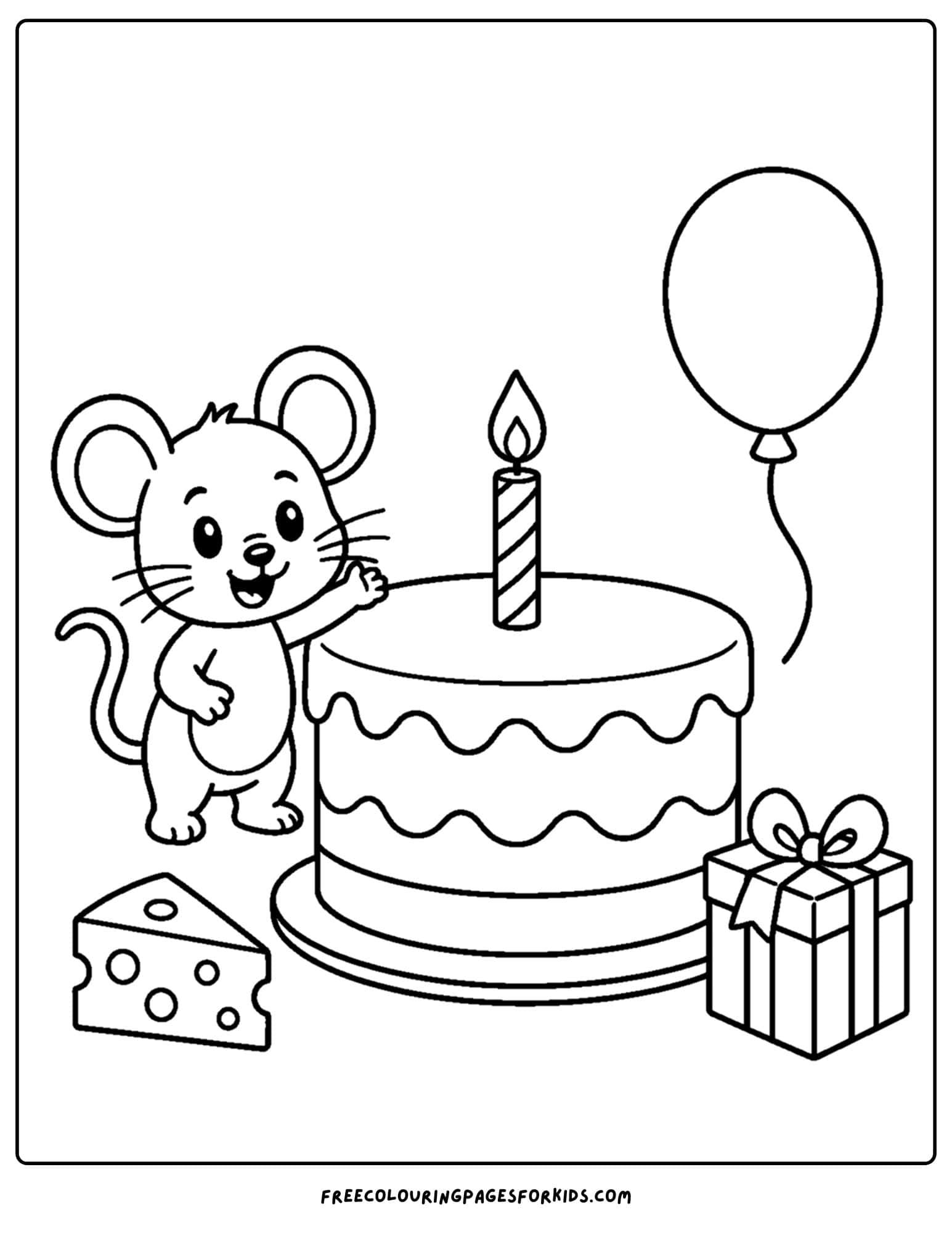 a birthday cake coloring page with a mouse and cheese
