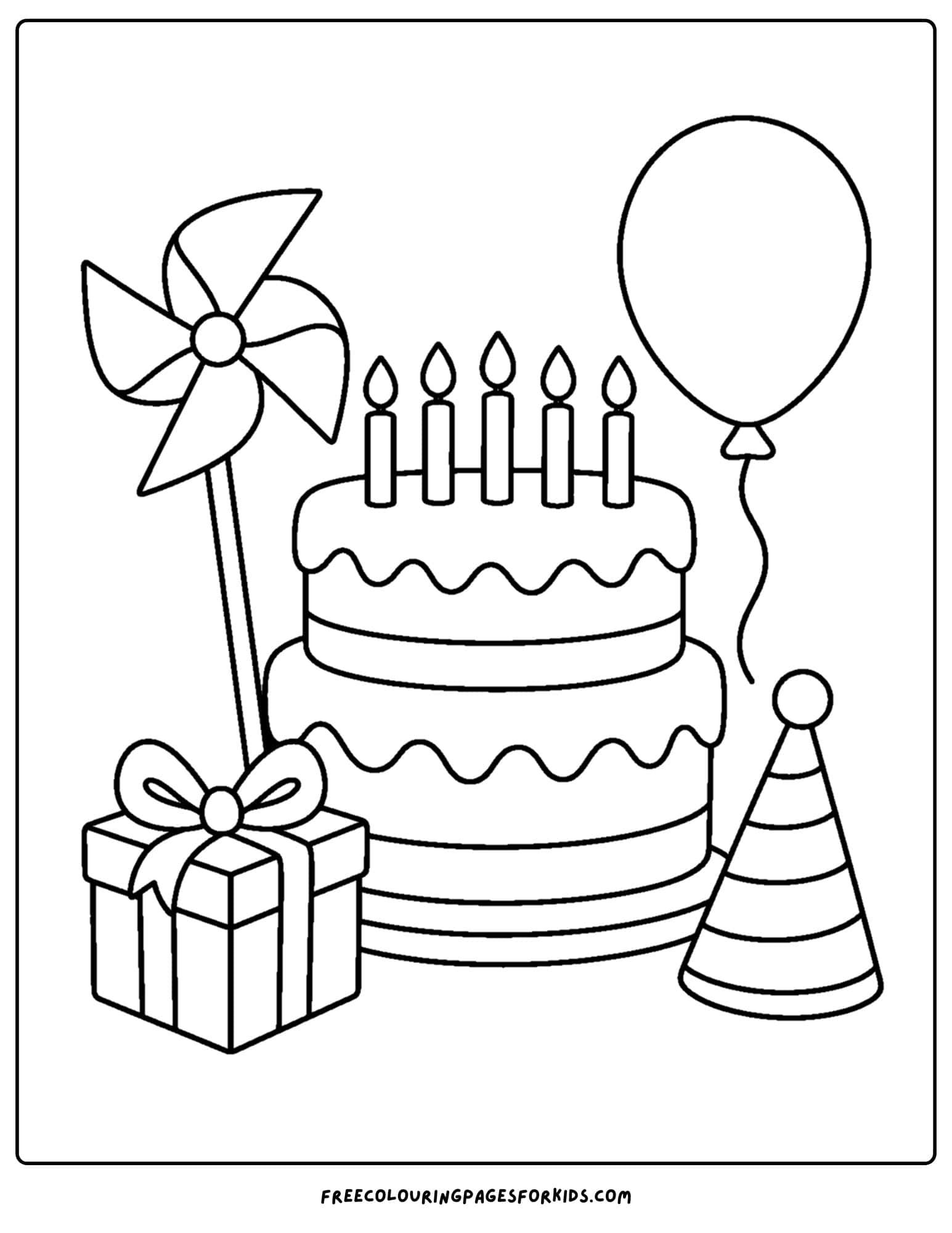a birthday cake coloring page with a pinwheel and presents