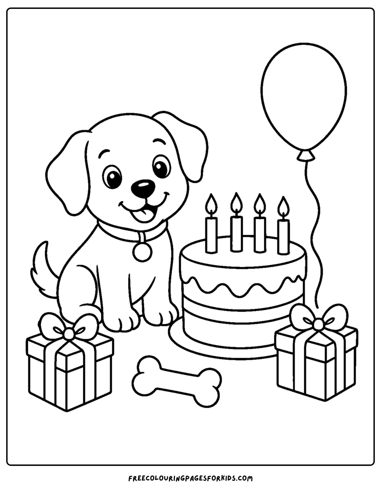 a birthday cake coloring page with a puppy dog and presents