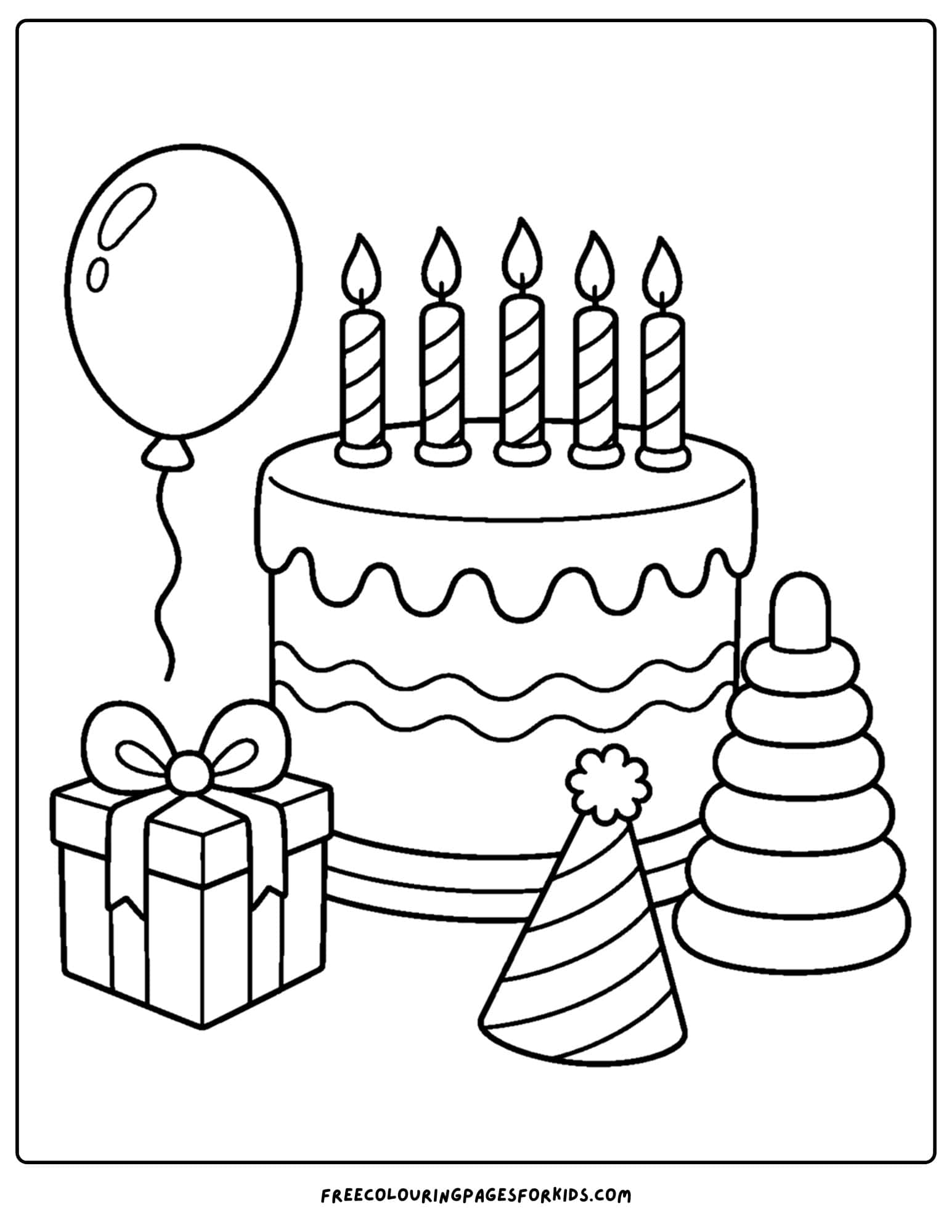 a birthday cake coloring page with a balloon and presents