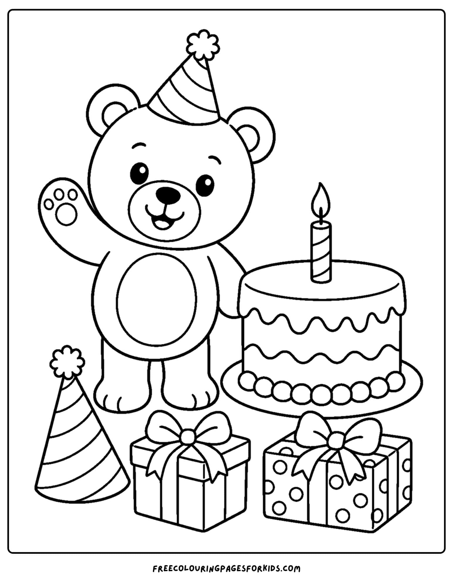 a birthday cake coloring page with a teddy bear and presents