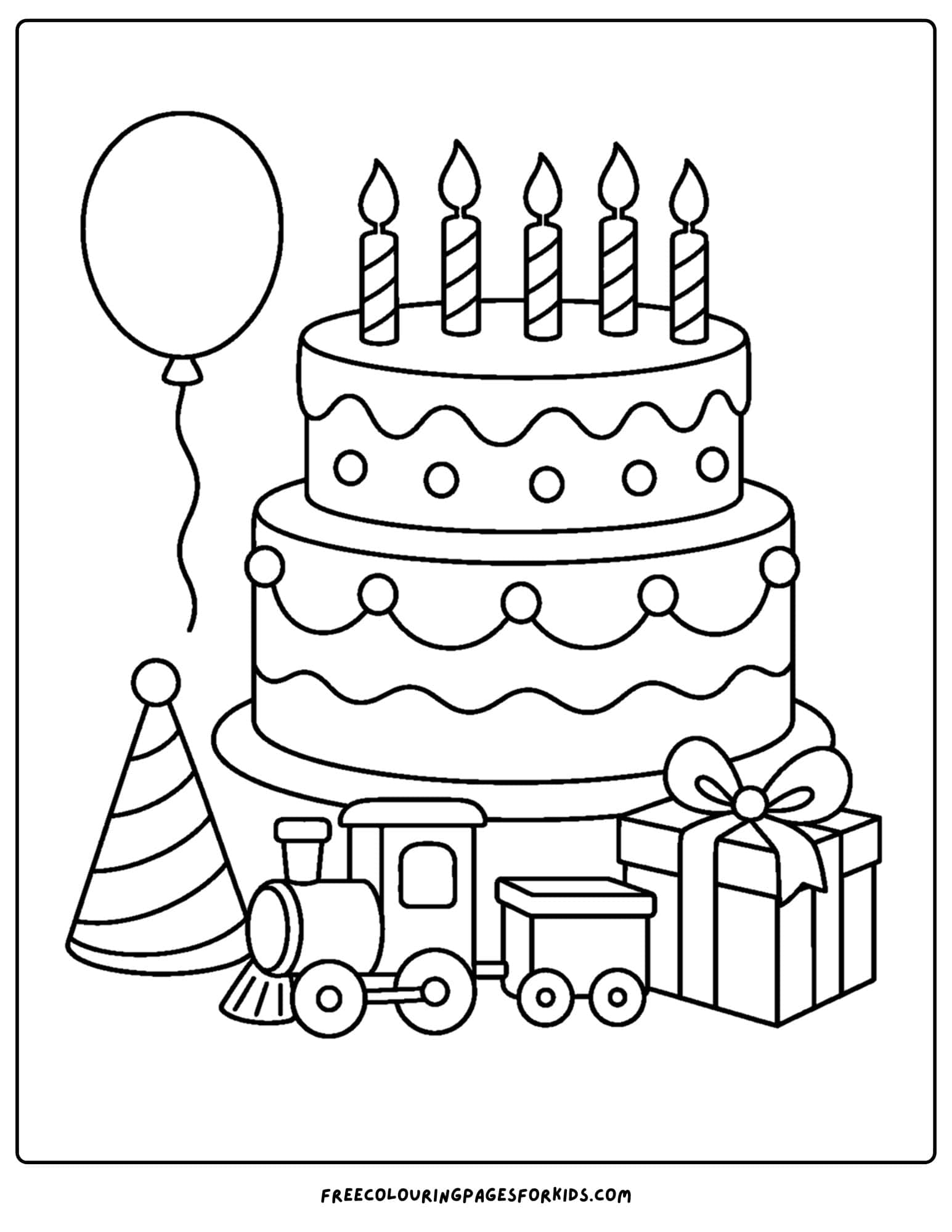 a birthday cake coloring page with a train and presents
