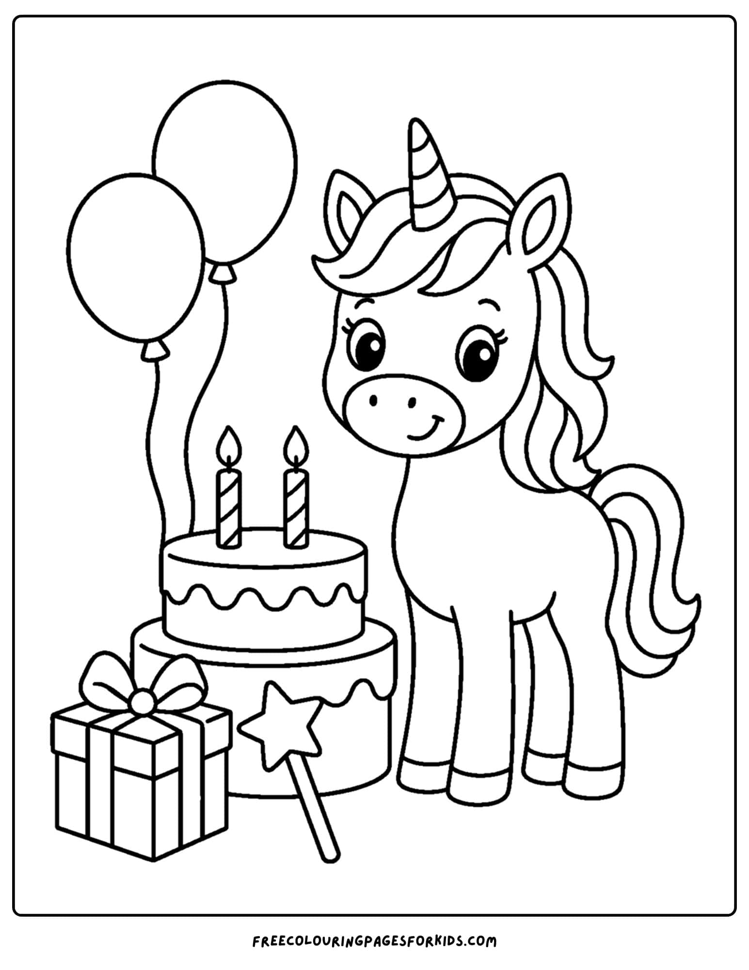 a birthday cake coloring page with a unicorn and present