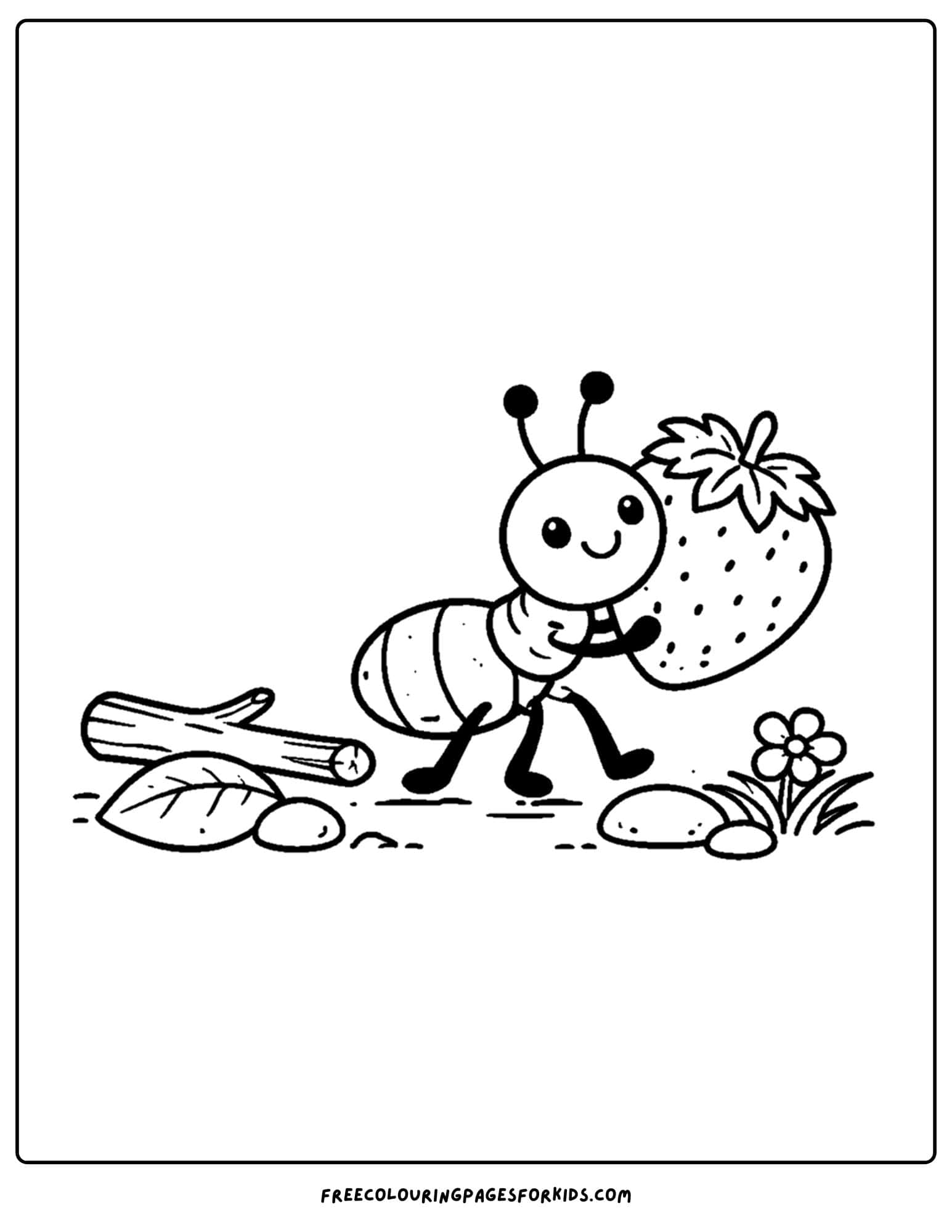a bug coloring page showing a ant carrying a berry