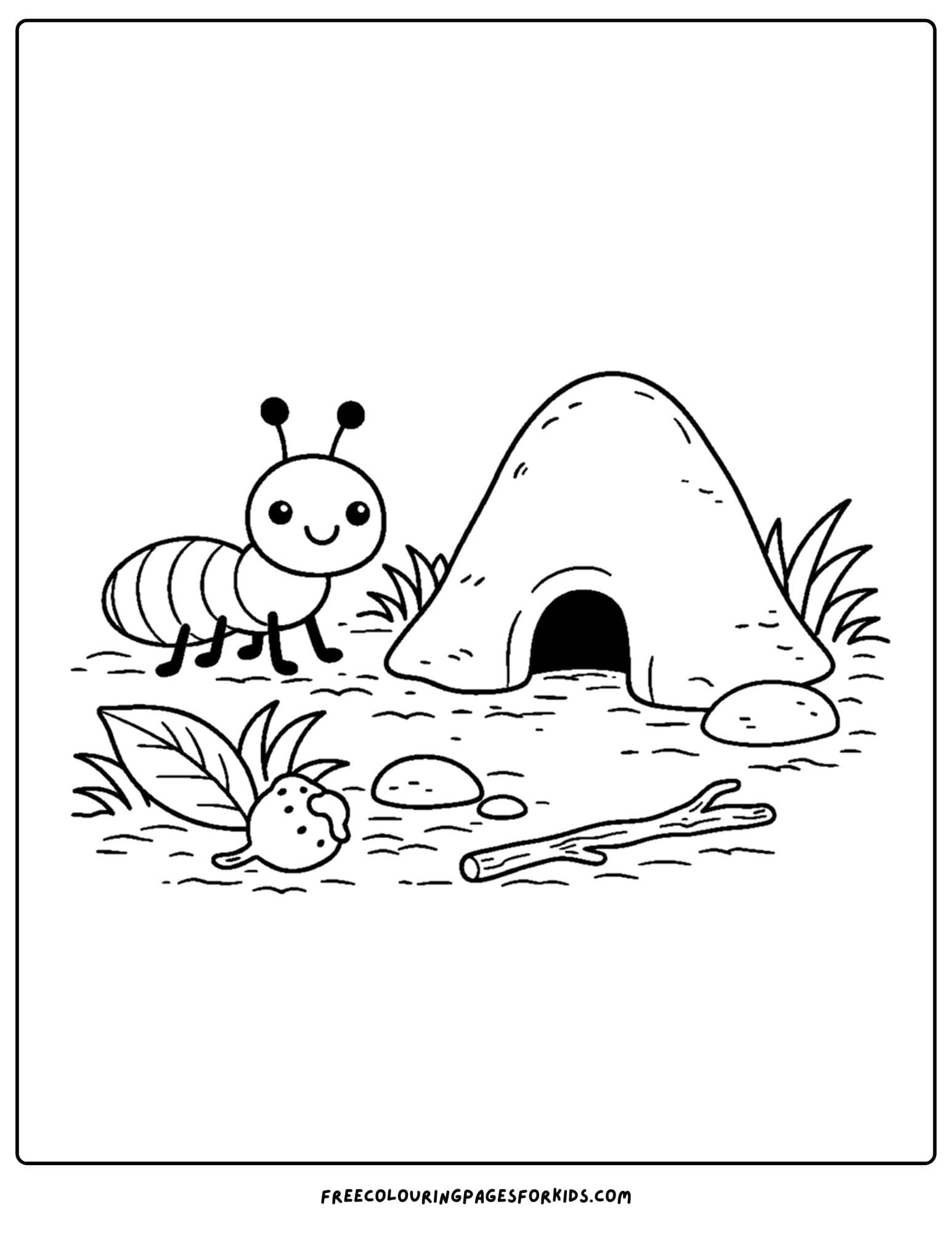a bug coloring page showing an ant hill