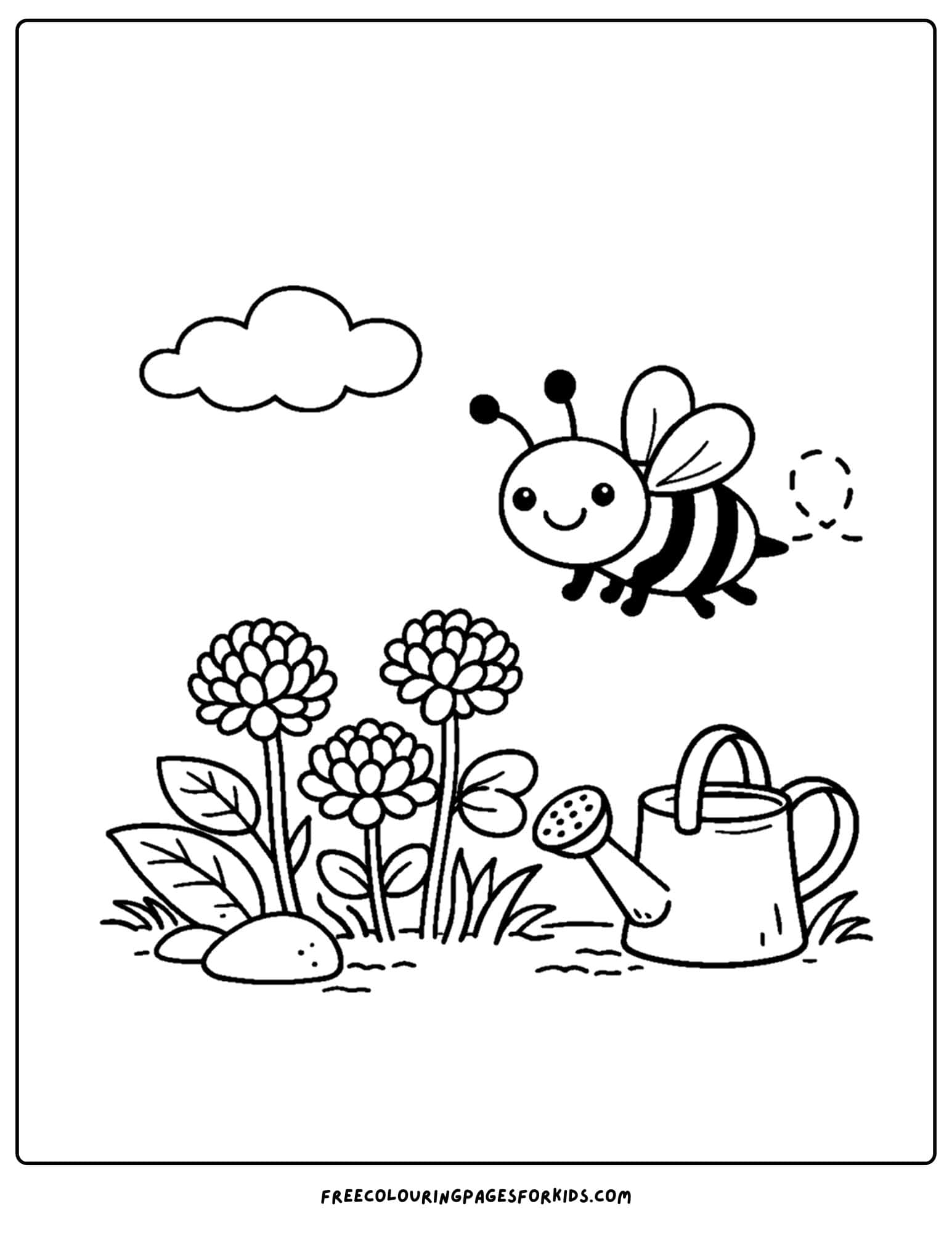 a bug coloring page showing a bee flying over a garden