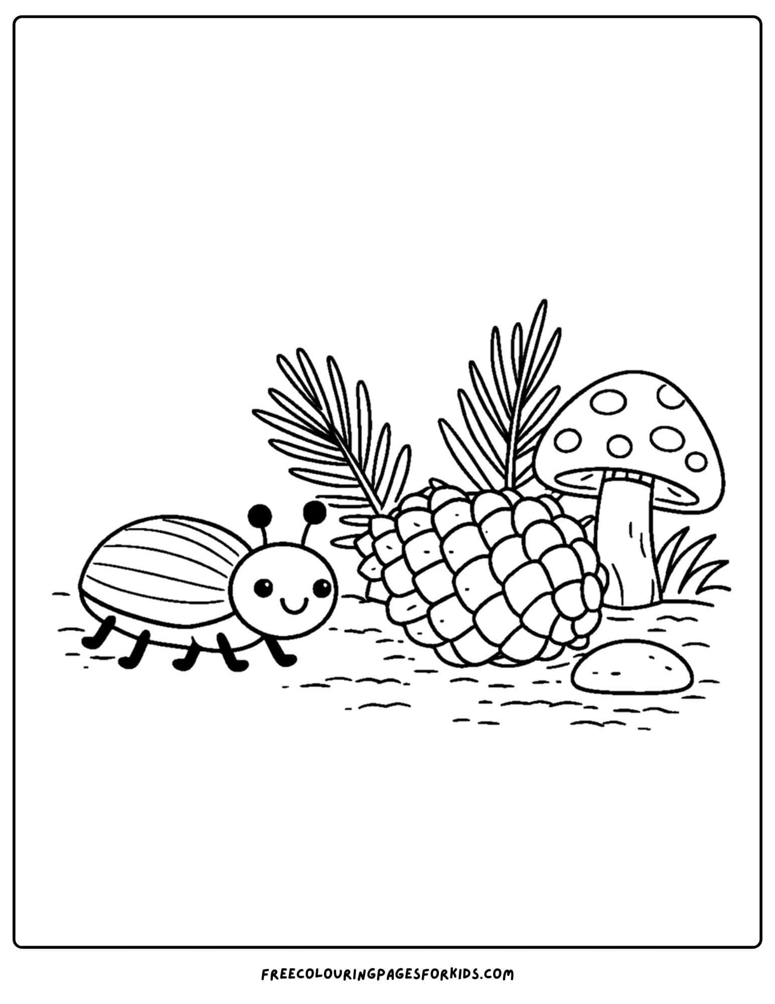 a bug coloring page showing a beetle and a pinecone
