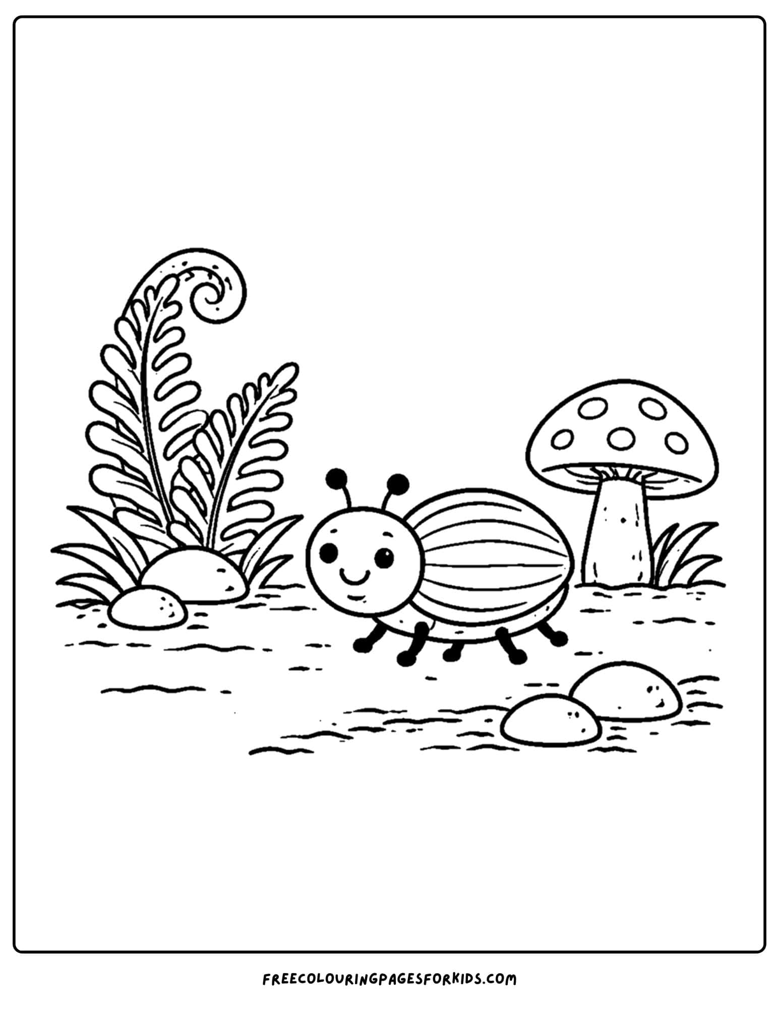 a bug coloring page showing a beetle on a forest path