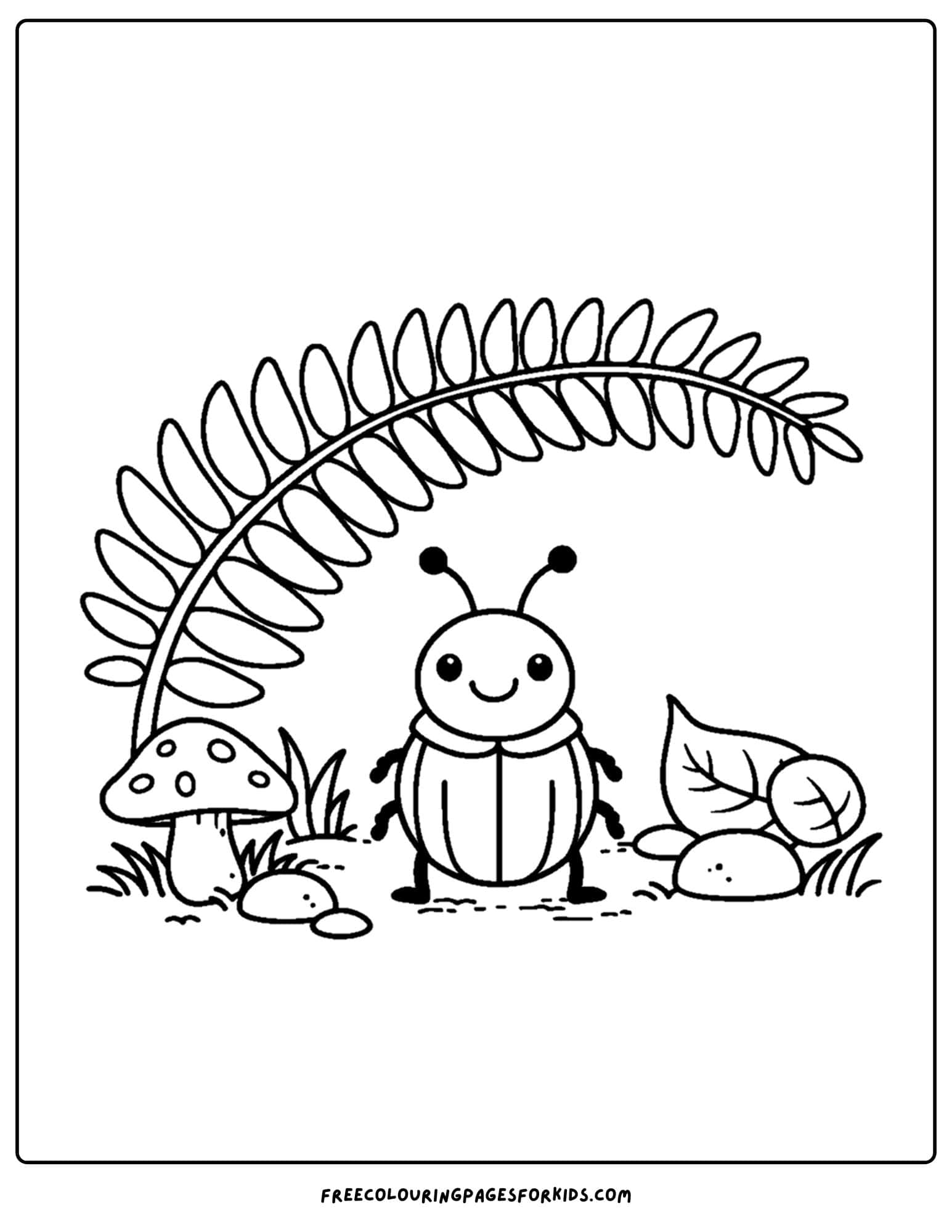 a bug coloring page showing a beetle under a fern