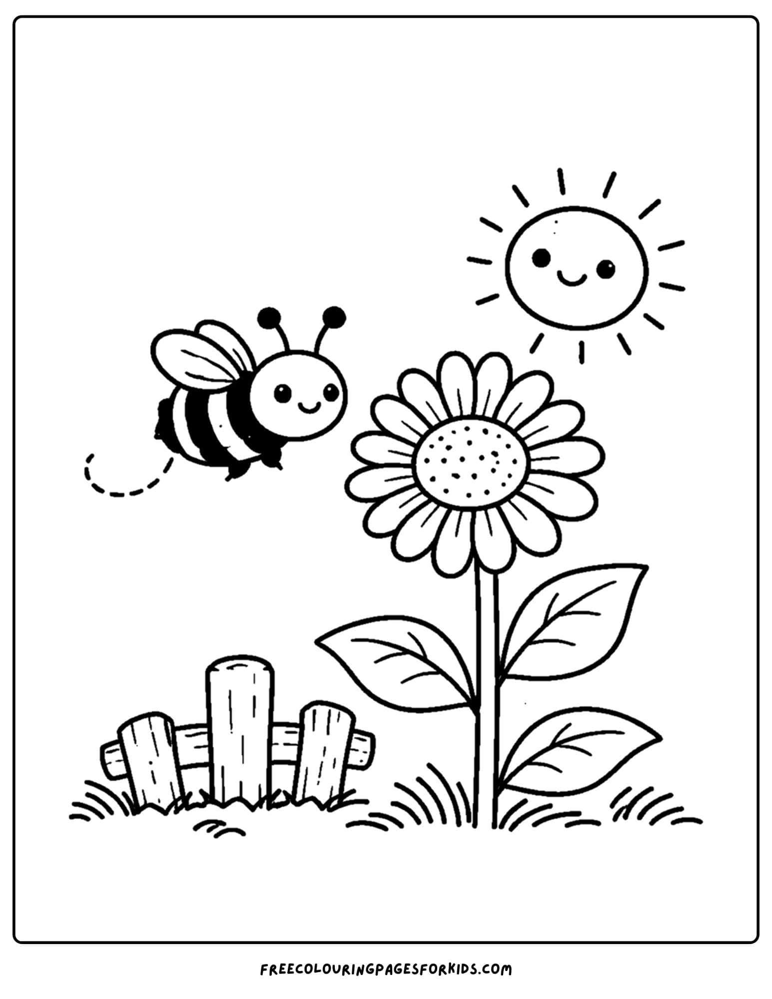 a bug coloring page showing a bumblebee and a sunflower