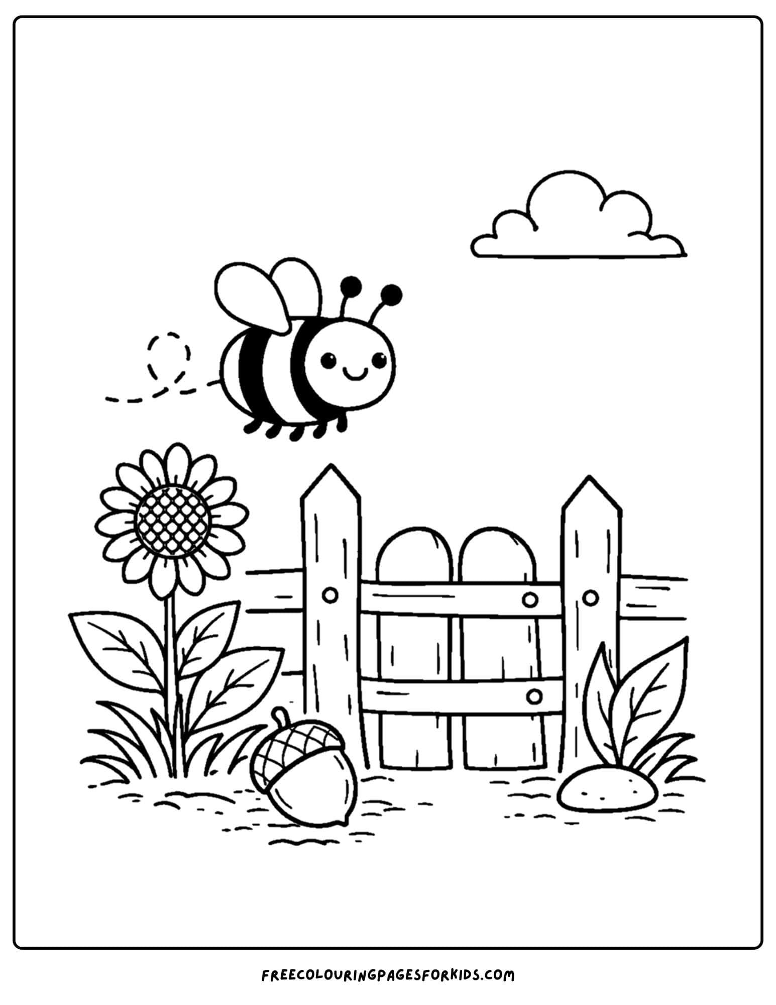 a bug coloring page showing a bee flying over a garden