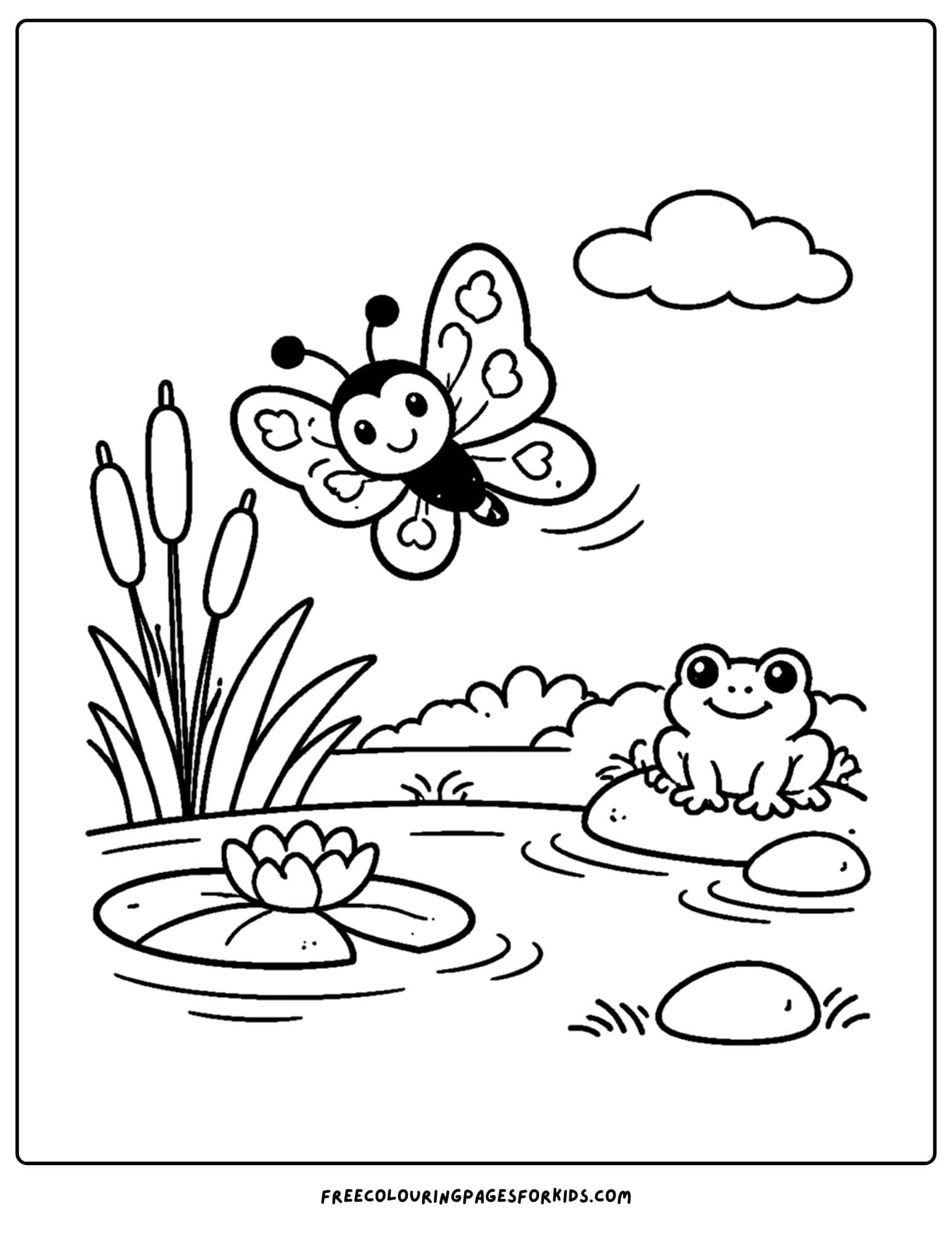 a bug coloring page showing a butterfly by a pond