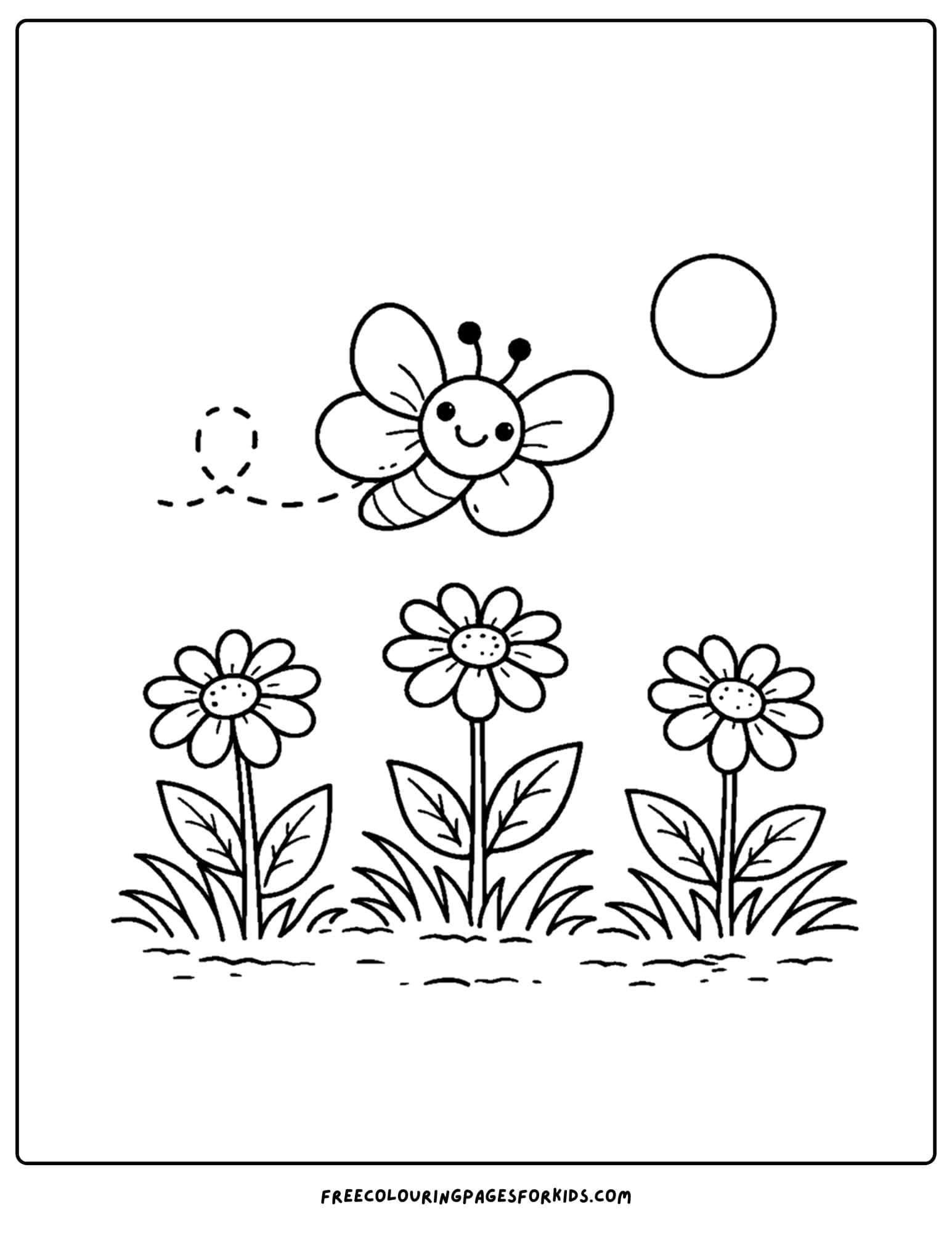 a bug coloring page showing a butterfly amongst wildflowers