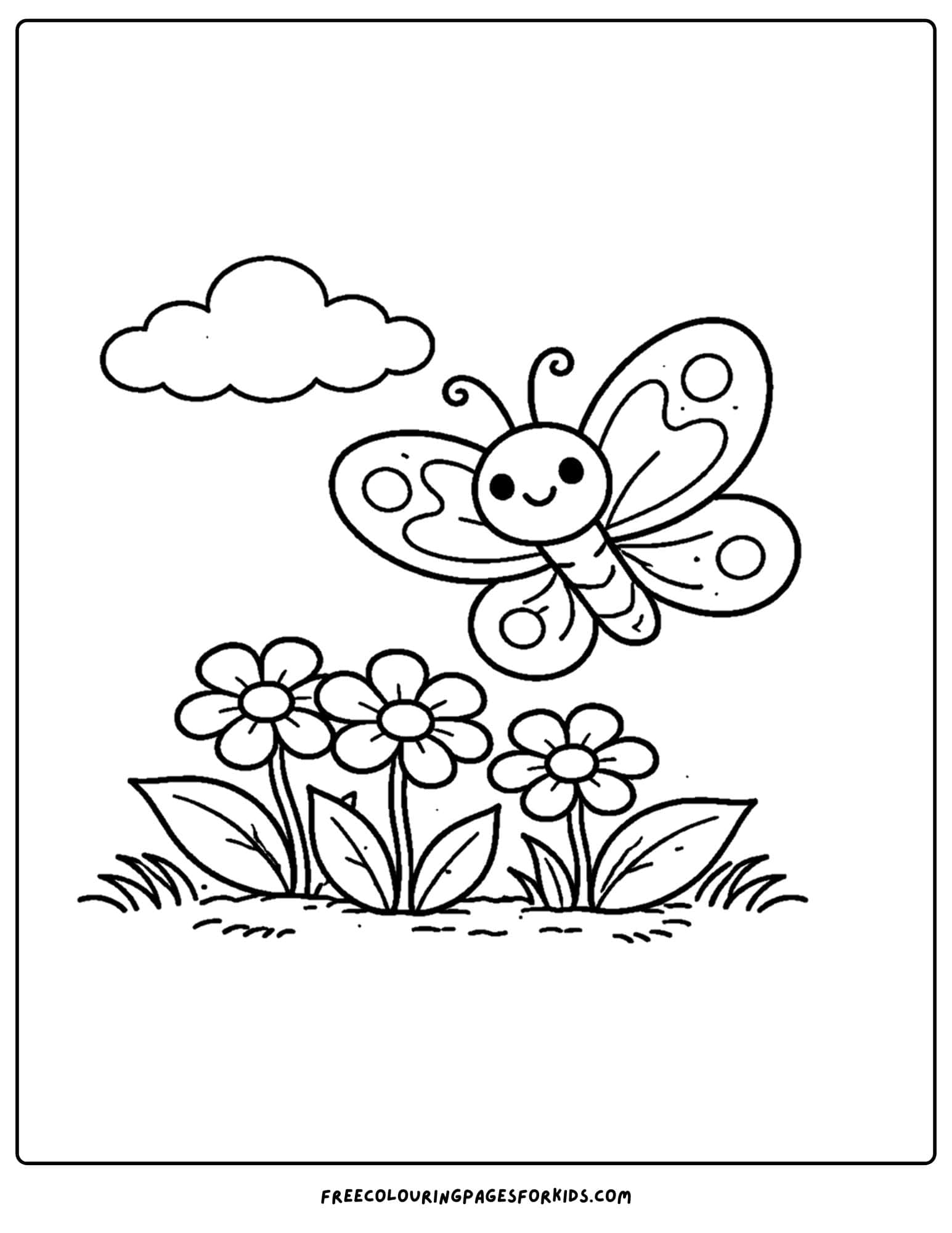 a bug coloring page showing a butterfly above flowers