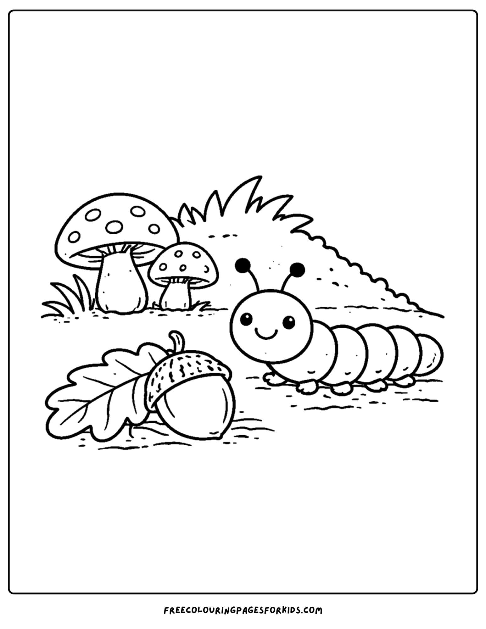 a bug coloring page showing a caterpillar and an acorn