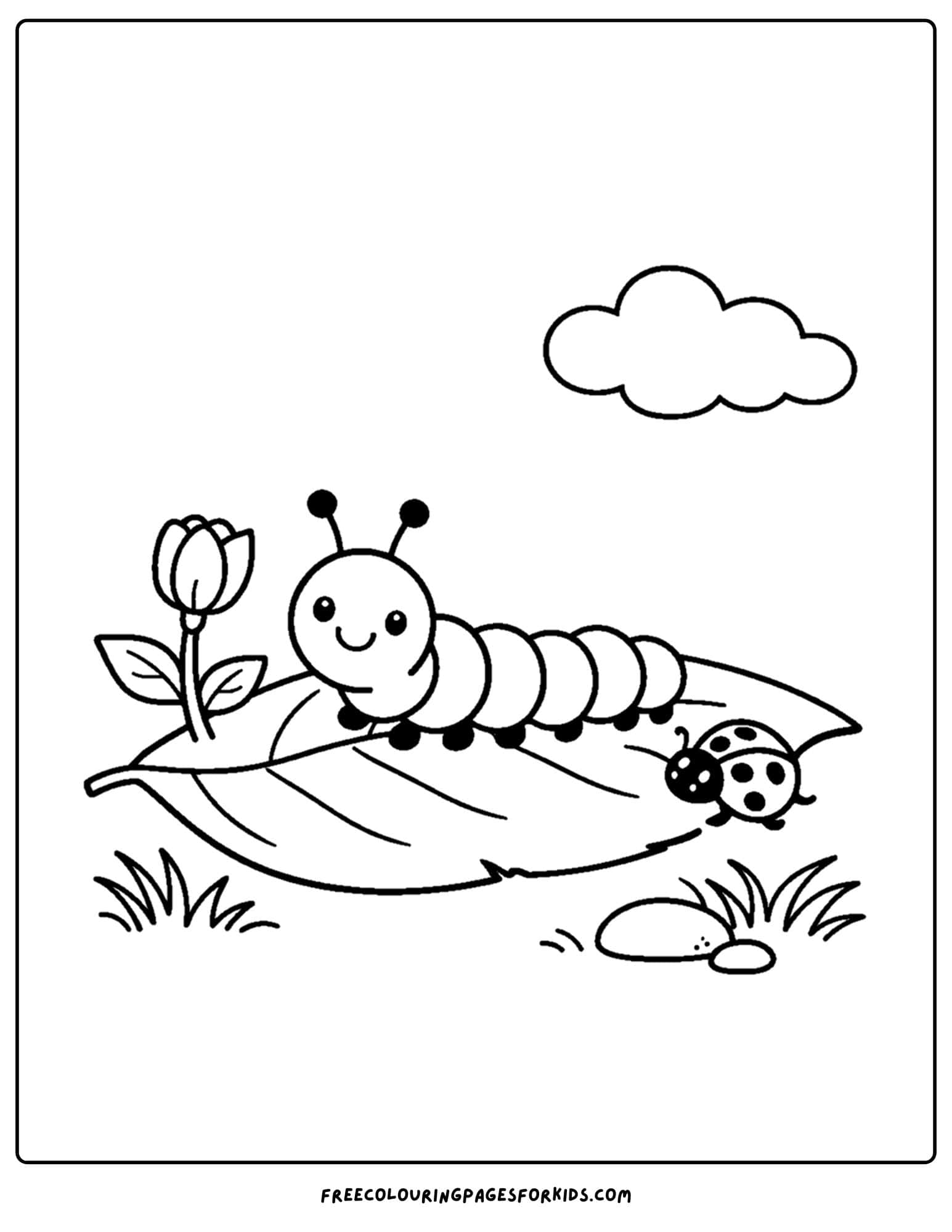a bug coloring page showing a caterpillar on a leaf