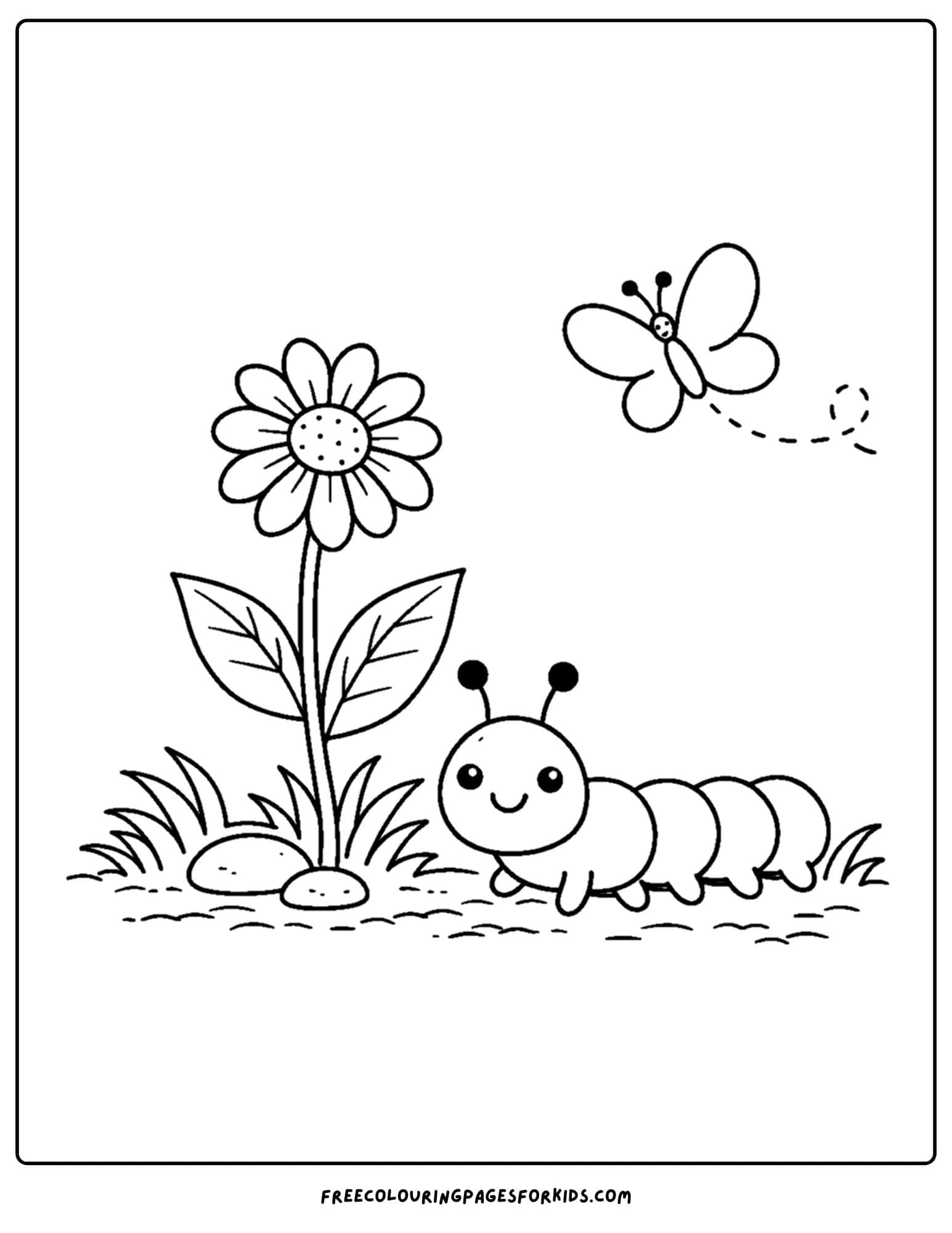 a bug coloring page showing a caterpillar under a flower