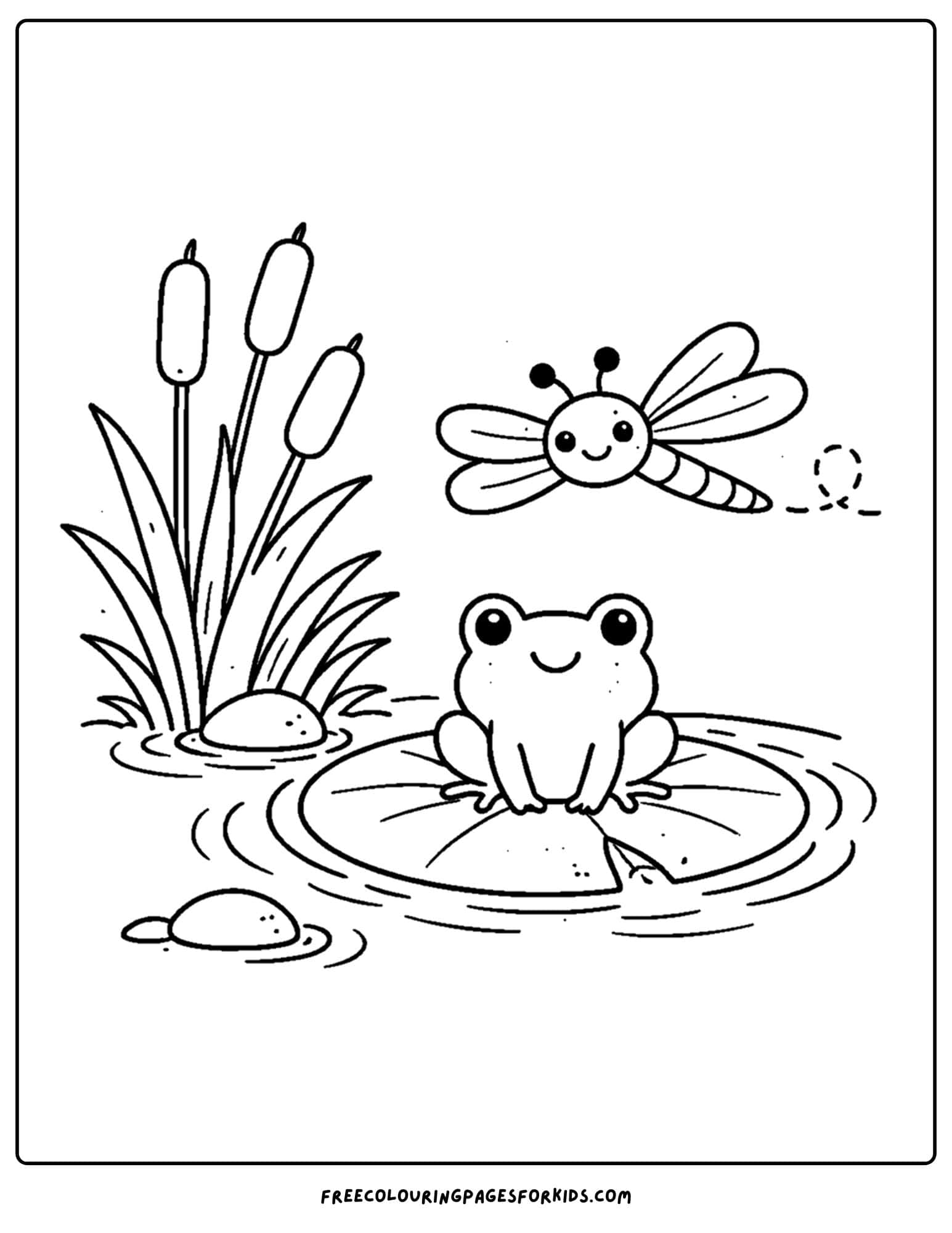 a bug coloring page showing a dragonfly flying over a frog