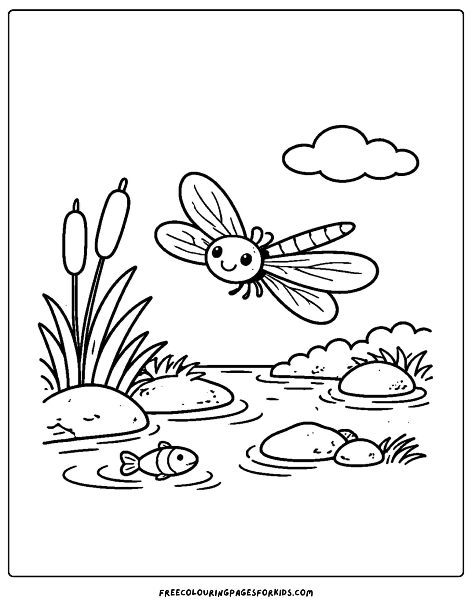 a bug coloring page showing a dragonfly flying over a stream