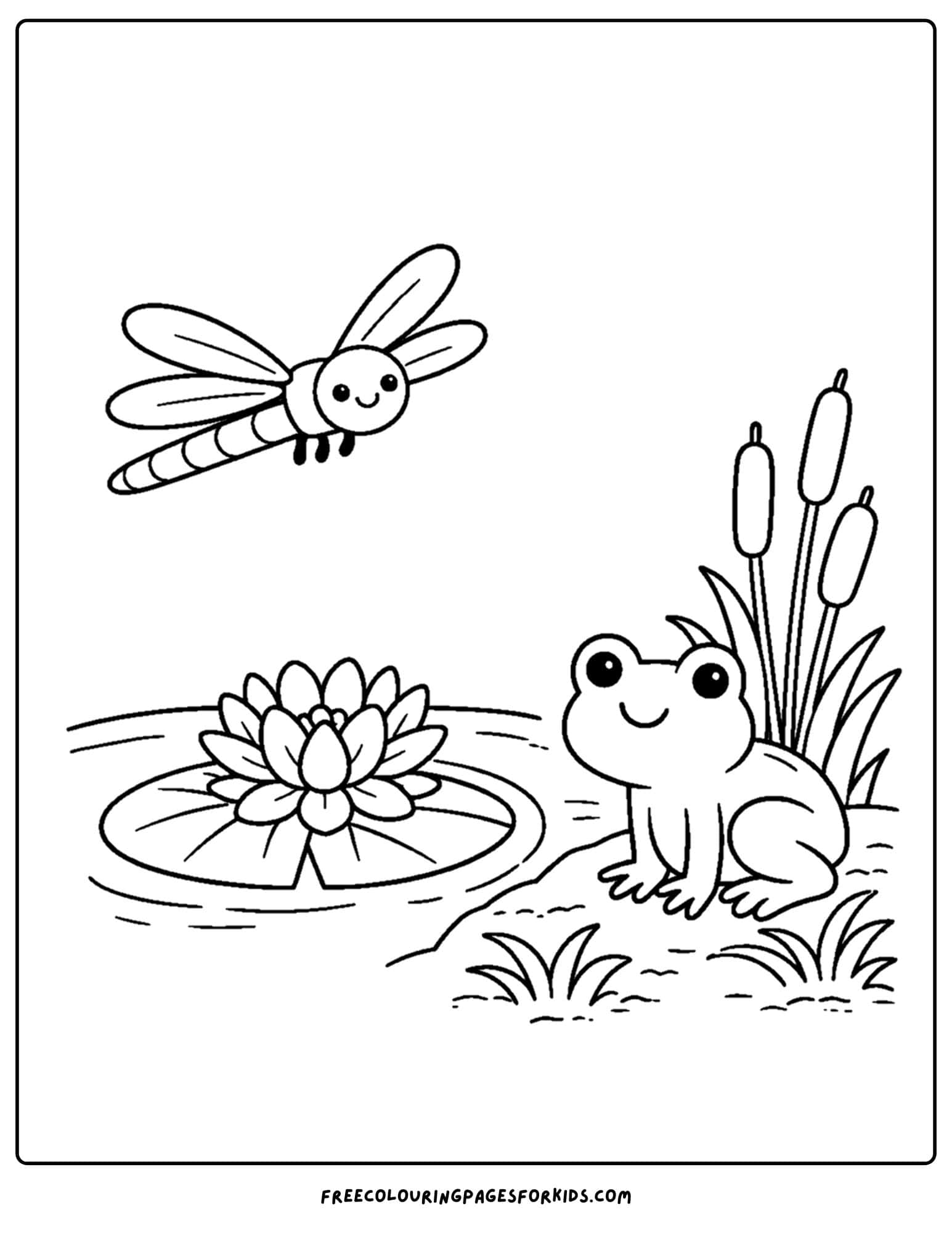 a bug coloring page showing a dragonfly over a lily and frog
