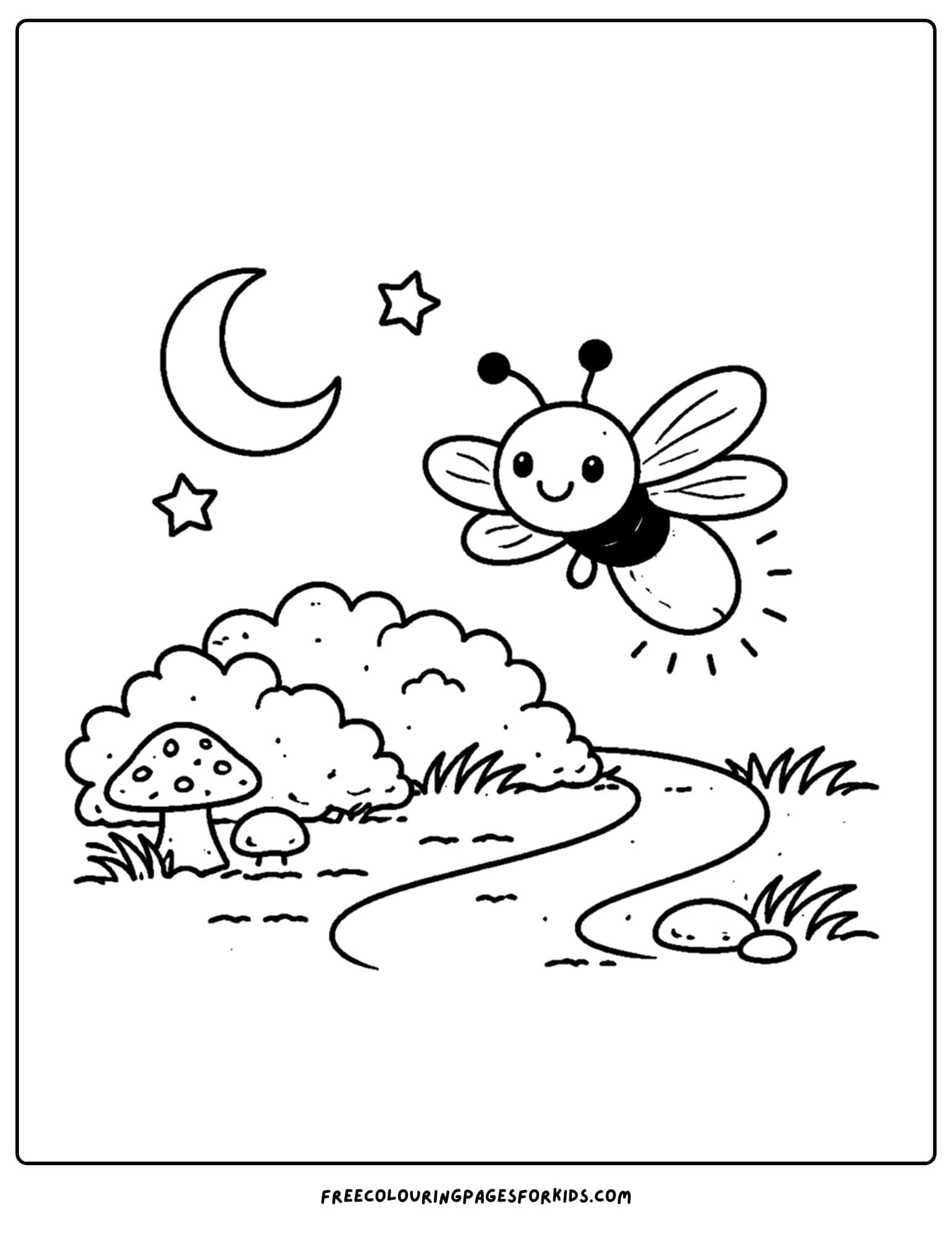a bug coloring page showing a firefly at dusk