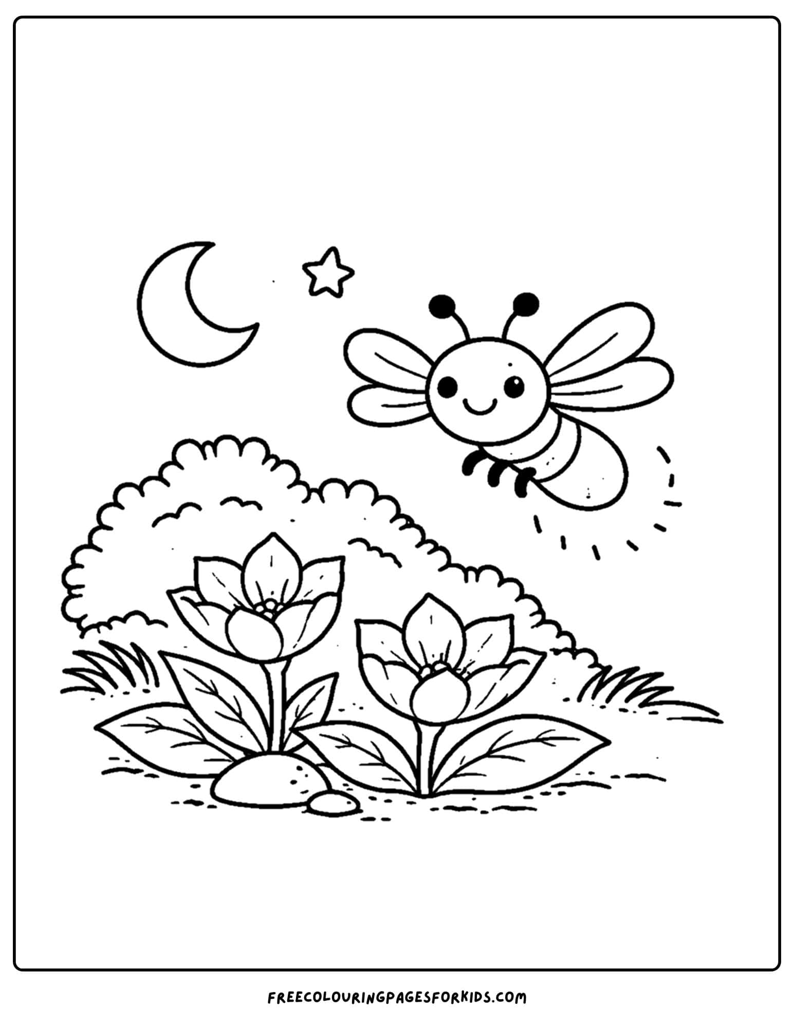 a bug coloring page showing a firefly near some flowers